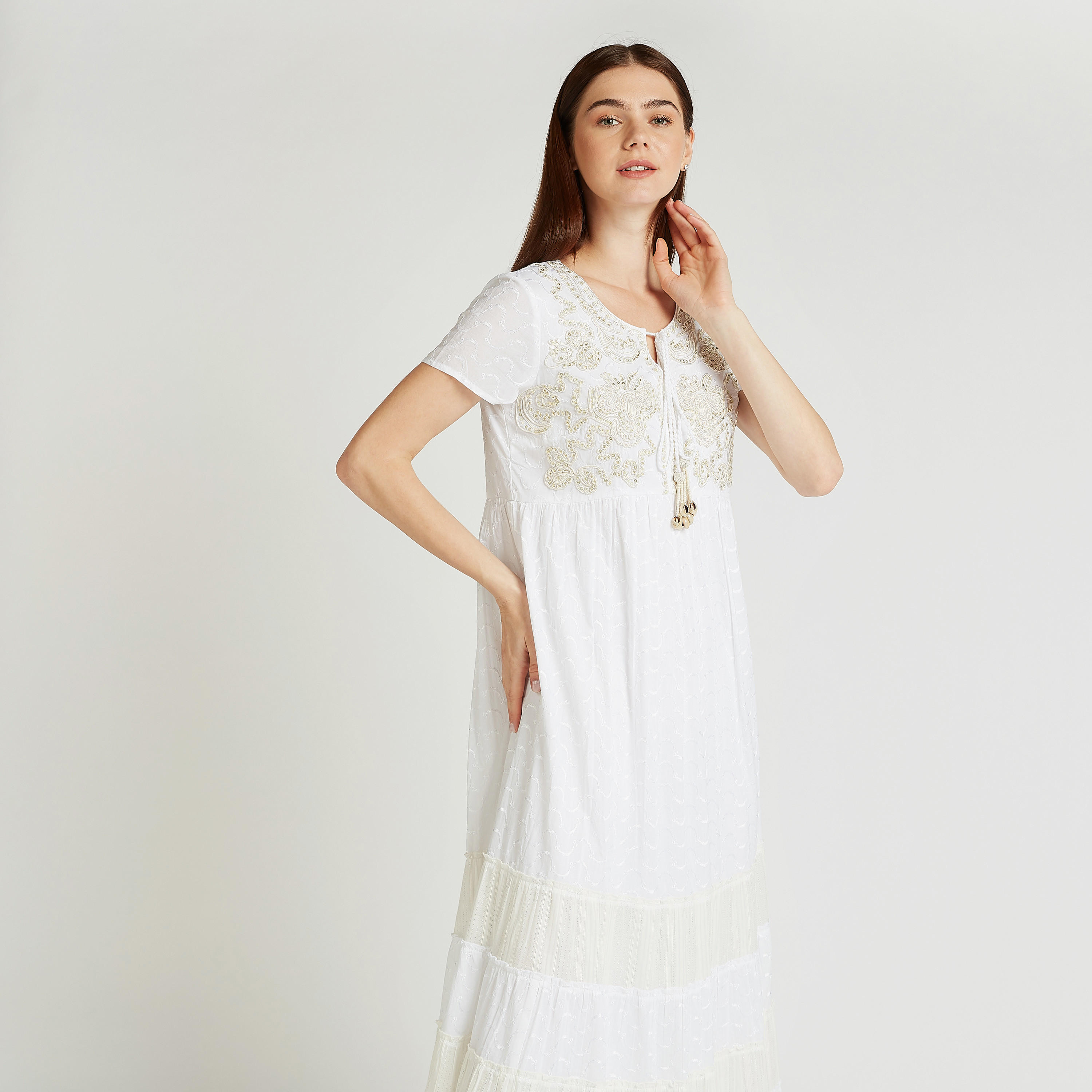 فستان إيه لاين طويل بارز الملمس بأكمام قصيرة وأربطة وطبعات-women-clothing-dresses-image-2