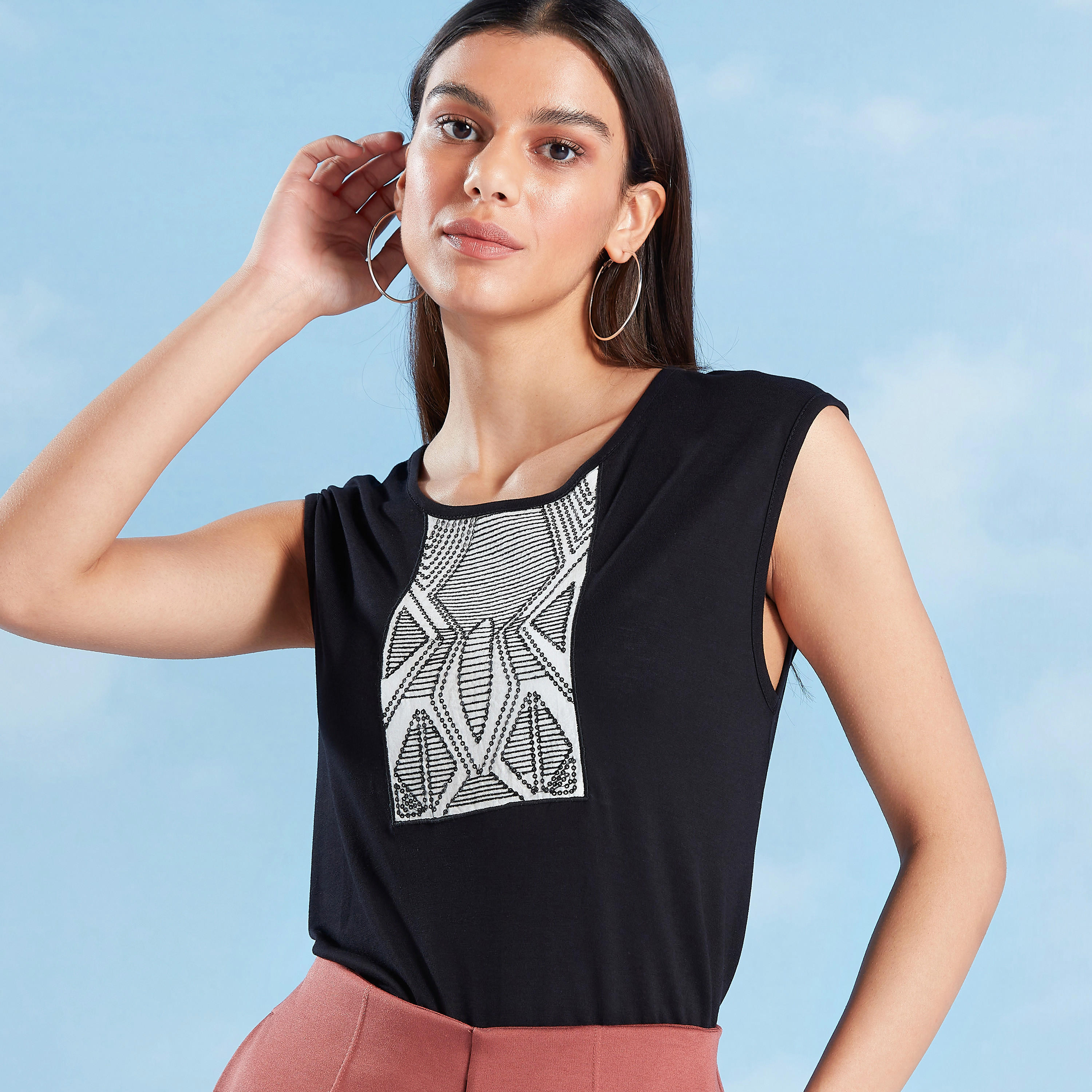 Embroidered Top with Round Neck and Cap Sleeves-women-clothing-shirtsandblouses-blouses-image-5