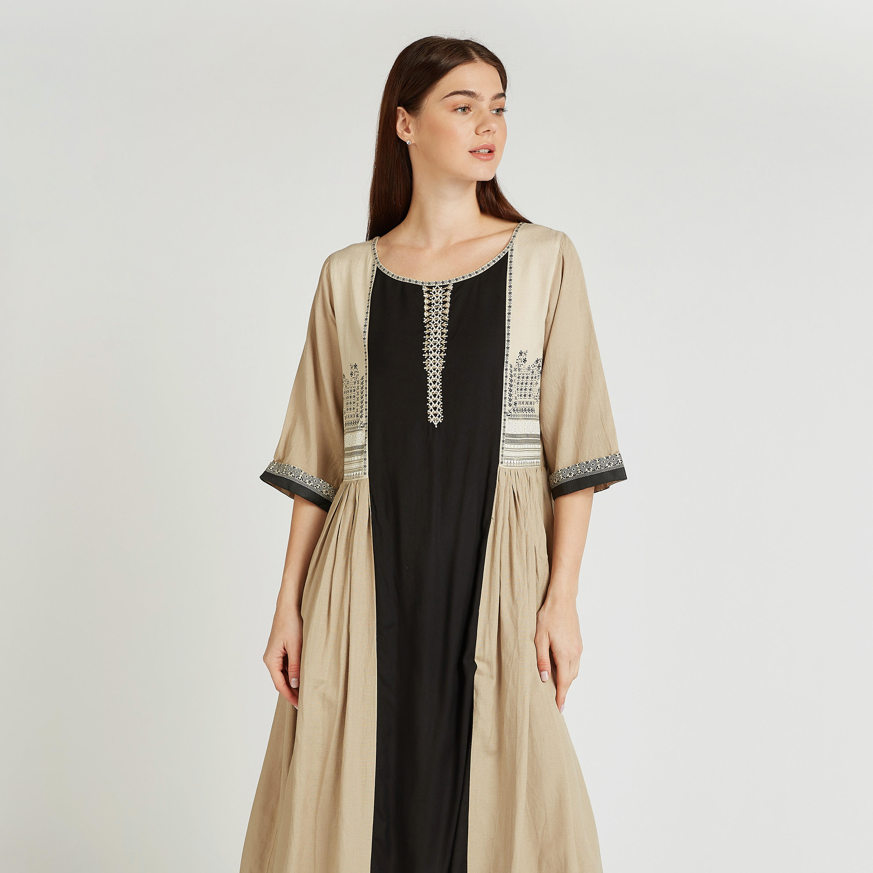 فستان إيه لاين ميدي بياقة مستديرة وأكمام 3/4 وطبعات-women-clothing-dresses-image-4