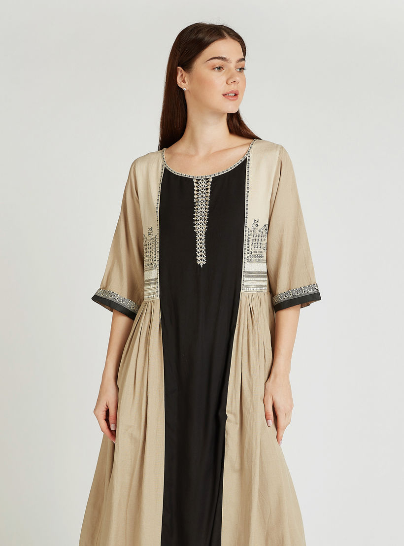 فستان إيه لاين ميدي بياقة مستديرة وأكمام 3/4 وطبعات-women-clothing-dresses-image-4