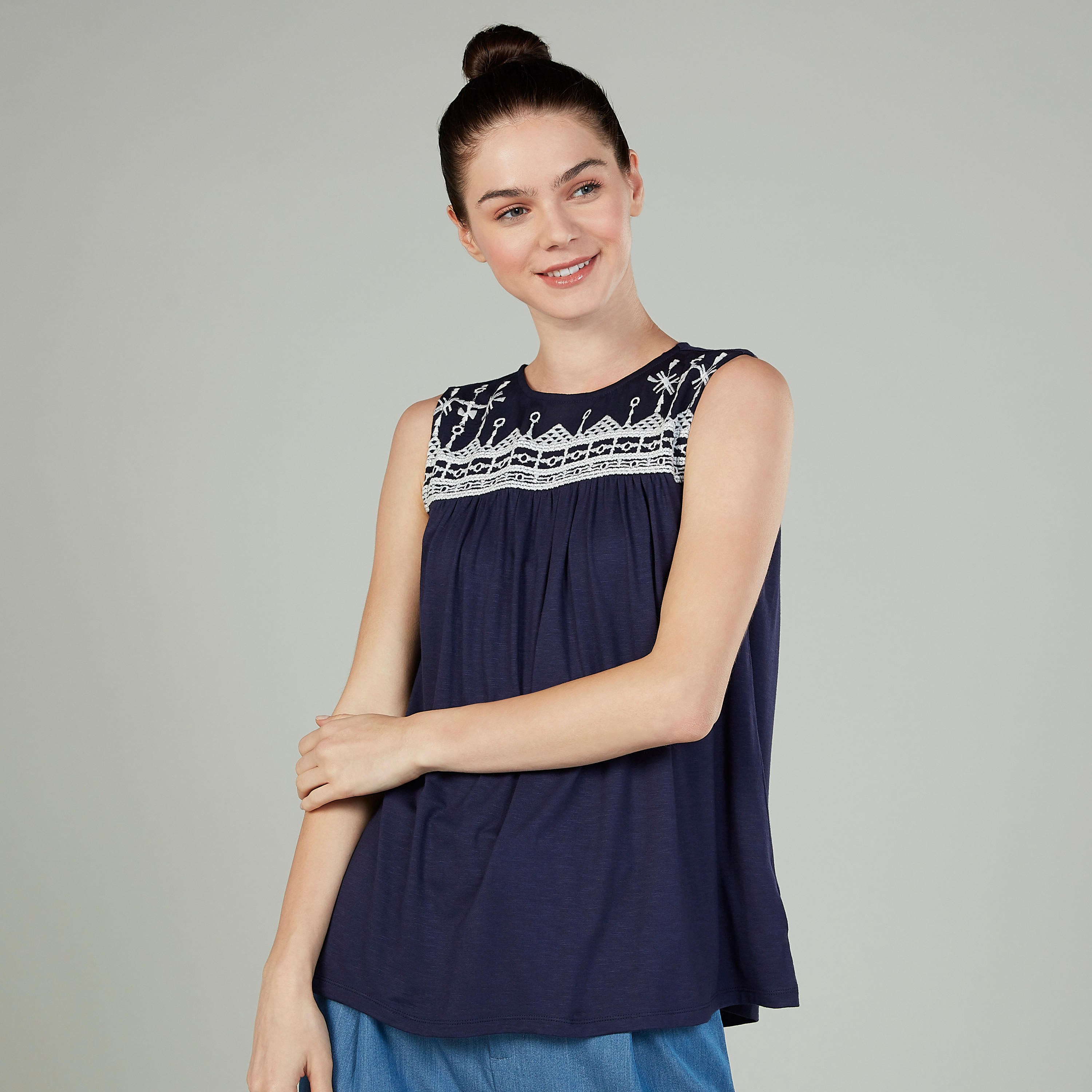Embroidered Sleeveless Top with Crew Neck-women-clothing-tshirts-image-1