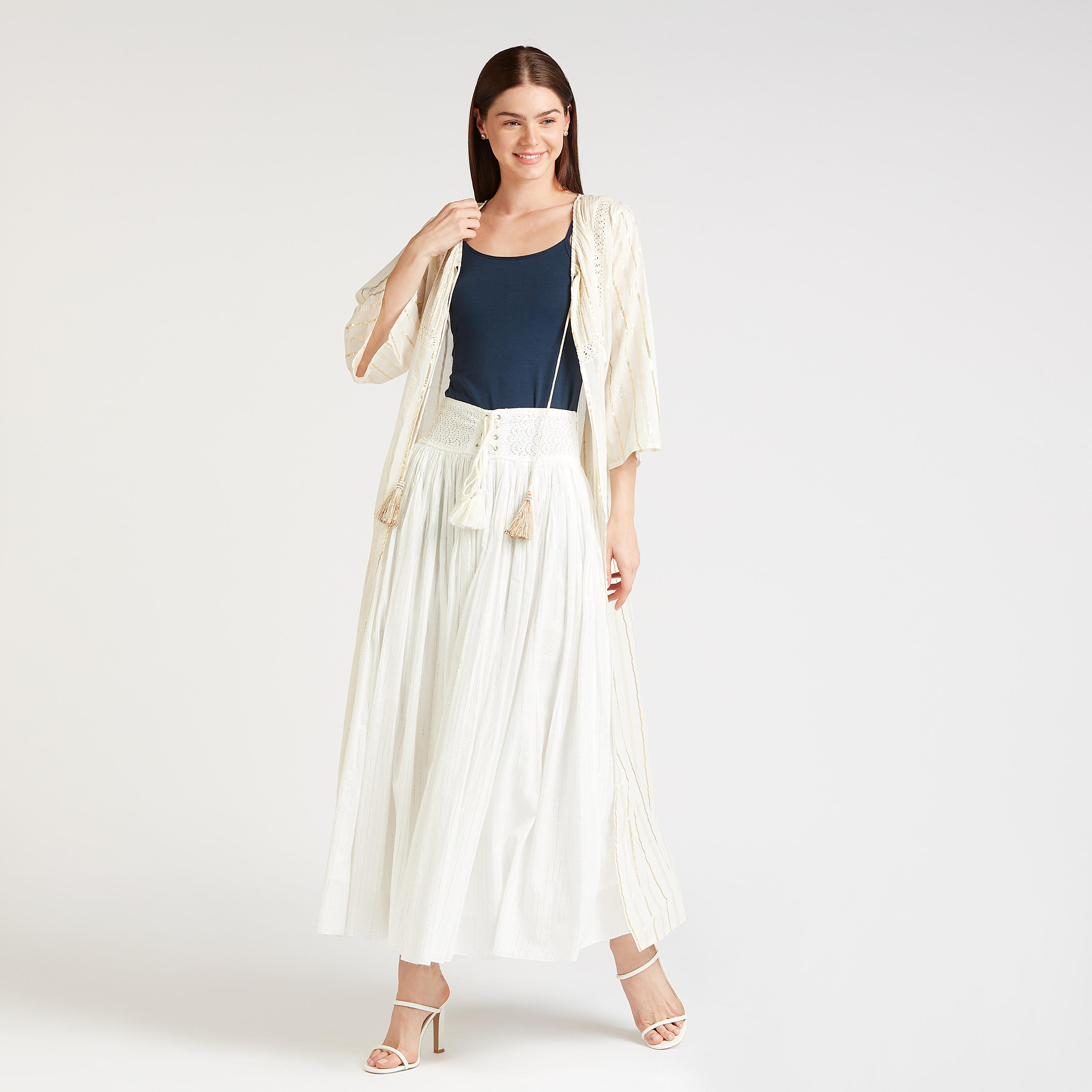 تنورة طويلة إيه لاين بارزة الملمس بخصر مطاطي-women-clothing-bottoms-skirts-image-2