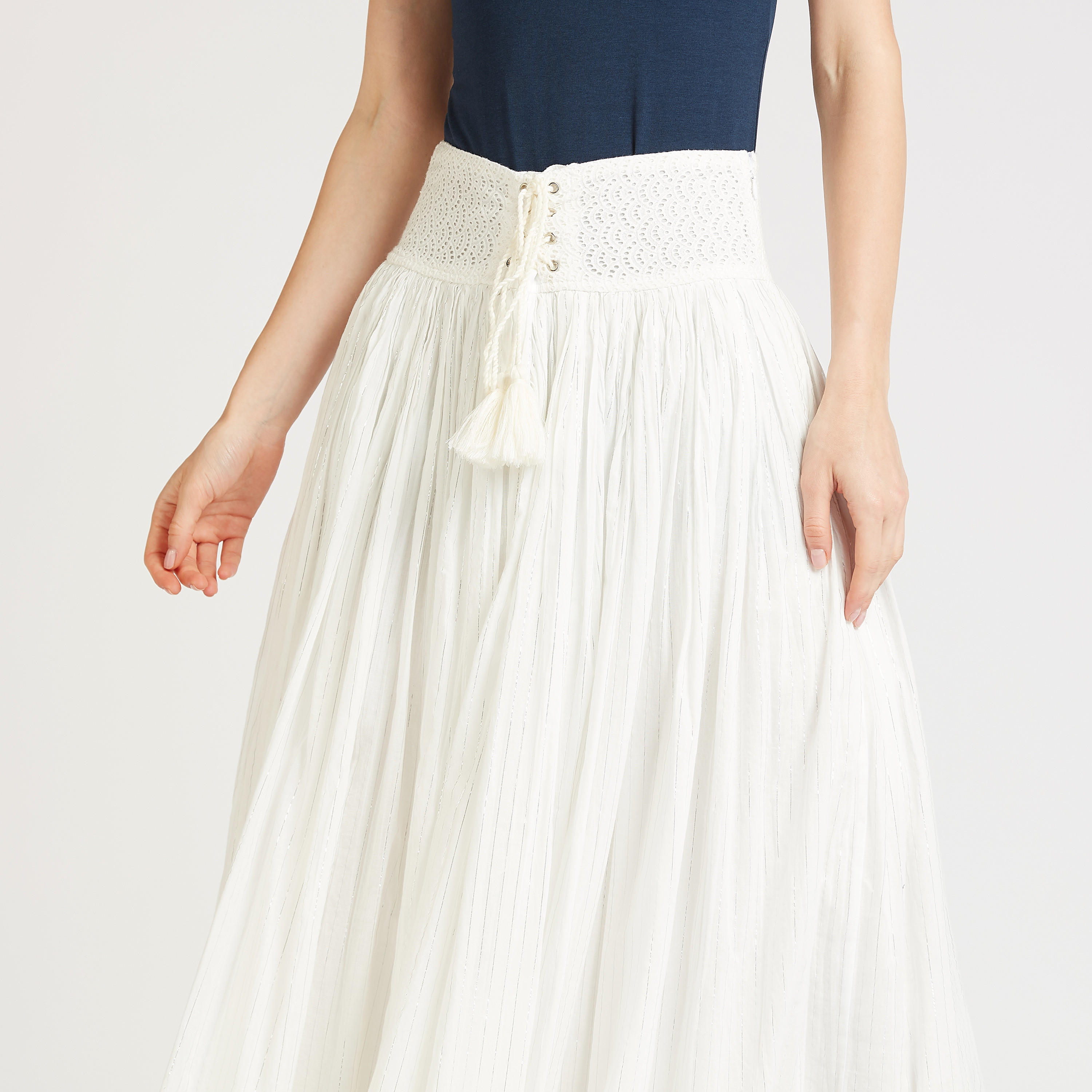 تنورة طويلة إيه لاين بارزة الملمس بخصر مطاطي-women-clothing-bottoms-skirts-image-3