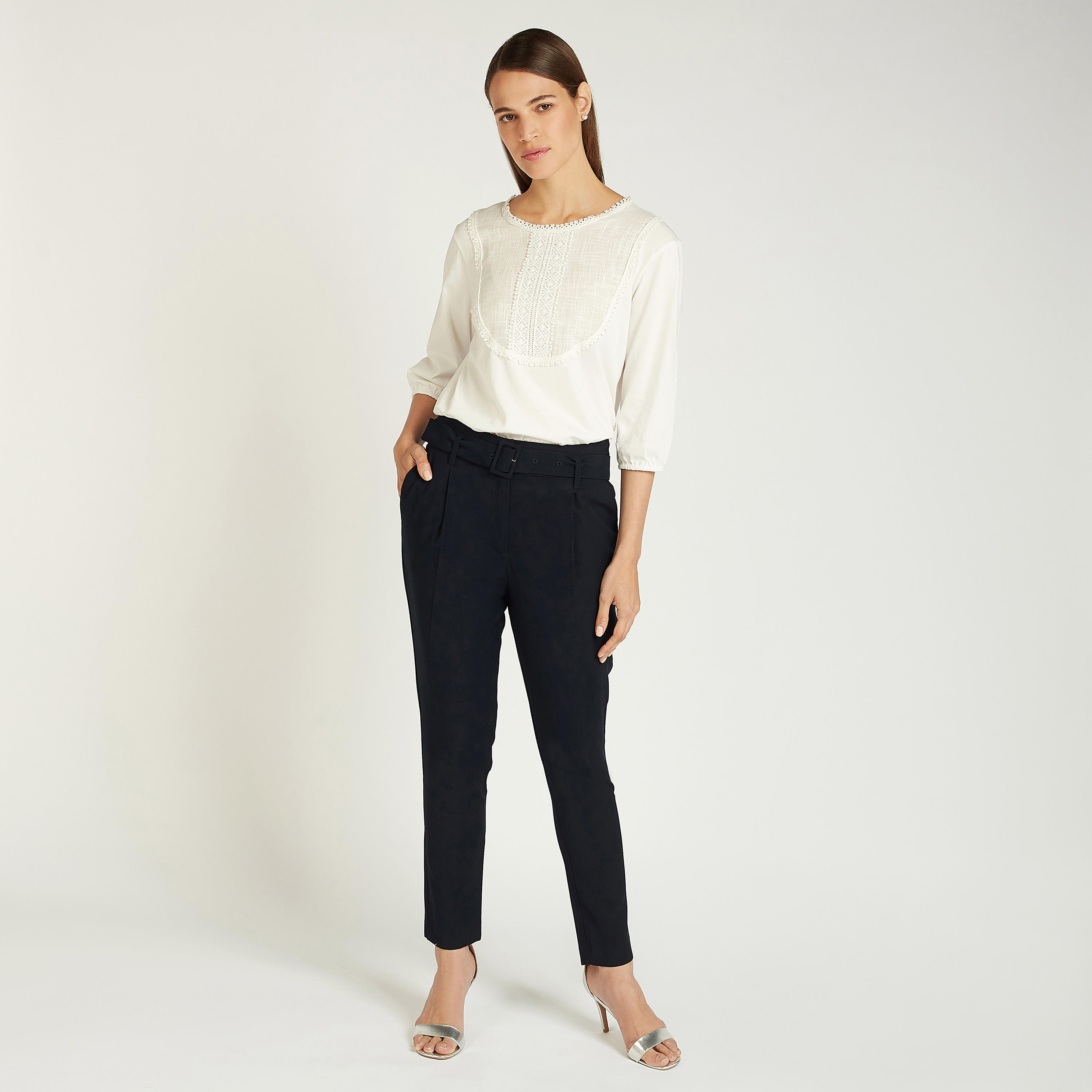 بلوزة بارزة الملمس بياقة مستديرة وأكمام 3/4-women-clothing-shirtsandblouses-blouses-image-2