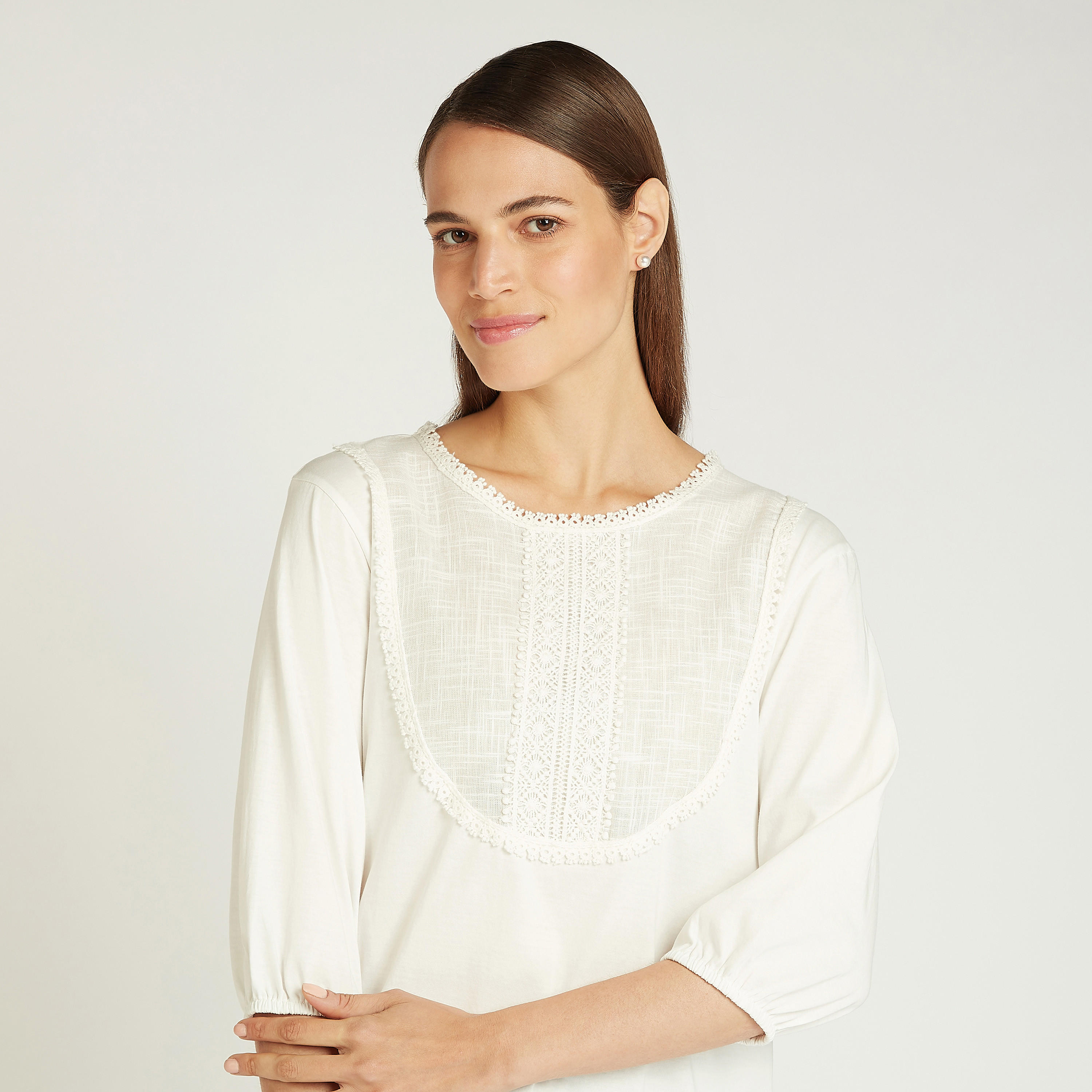 بلوزة بارزة الملمس بياقة مستديرة وأكمام 3/4-women-clothing-shirtsandblouses-blouses-image-3