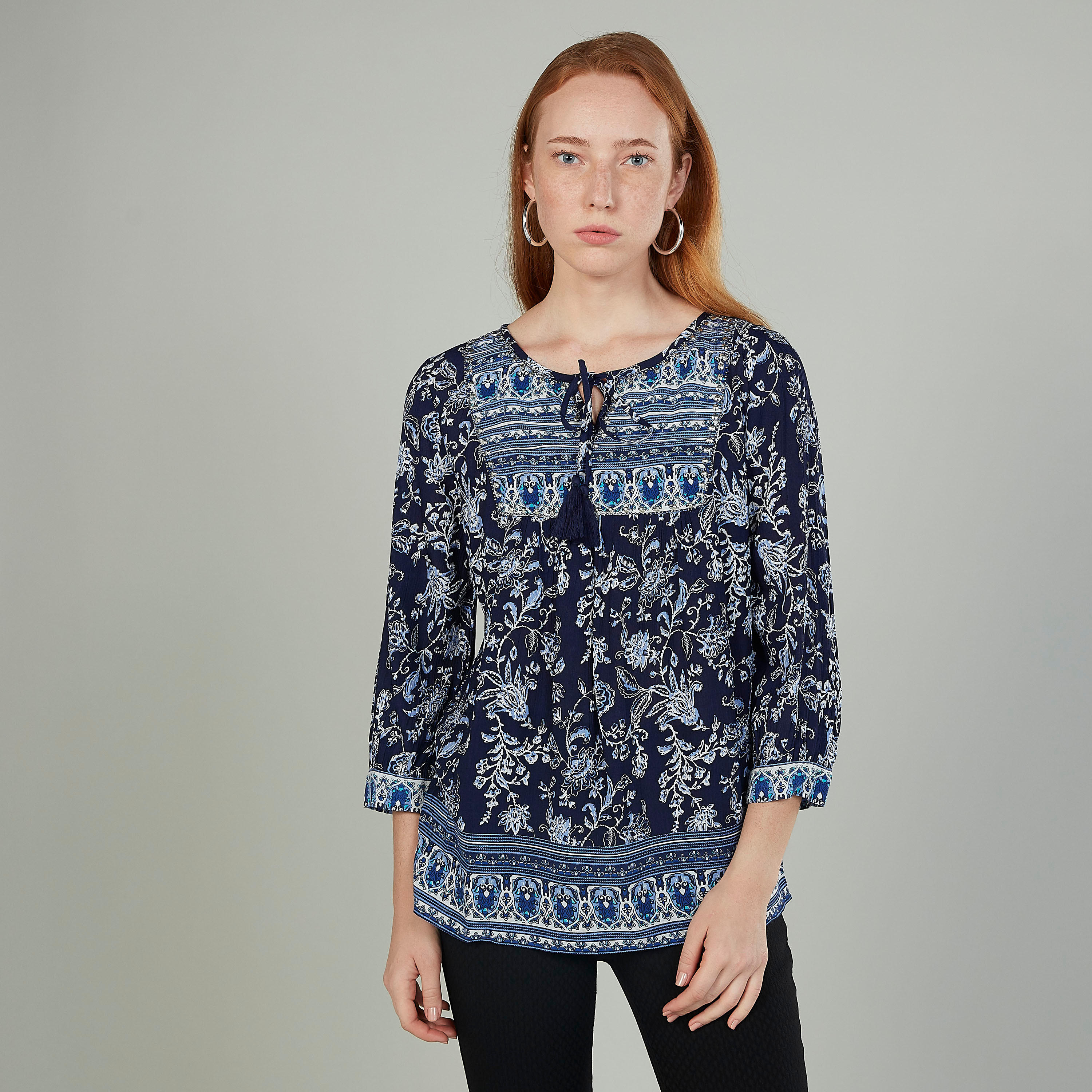 بلوزة بارز الملمس بأكمام 3/4 وأربطة-women-clothing-shirtsandblouses-blouses-image-1