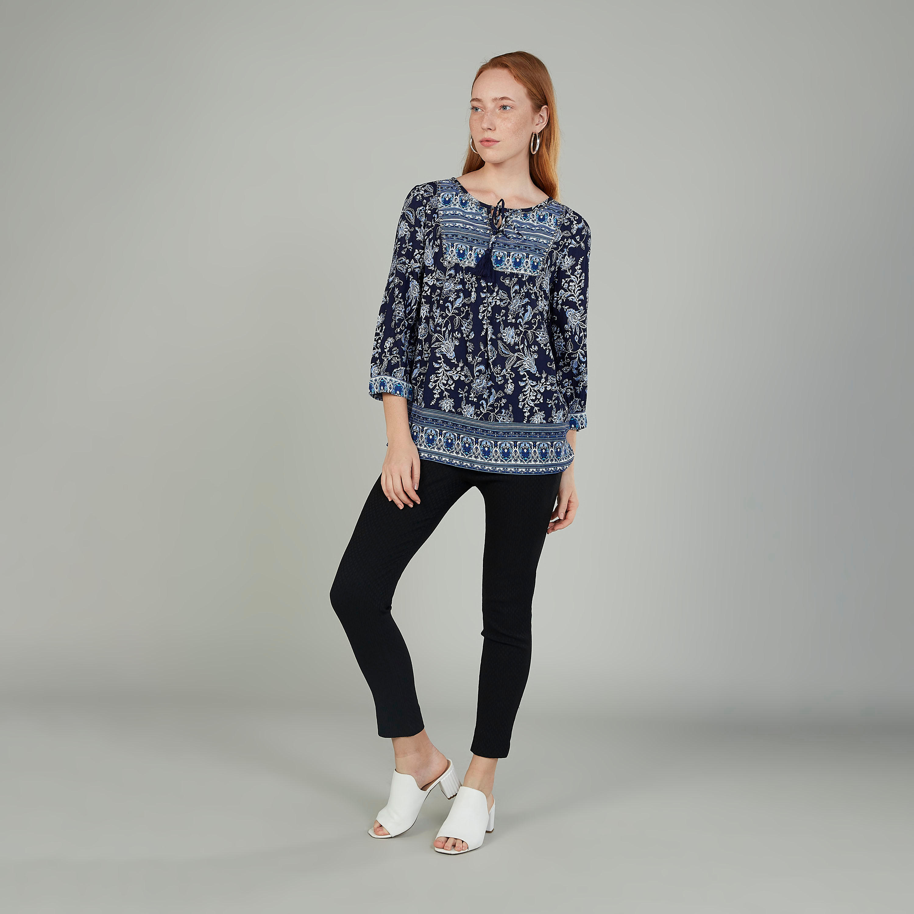 بلوزة بارز الملمس بأكمام 3/4 وأربطة-women-clothing-shirtsandblouses-blouses-image-2