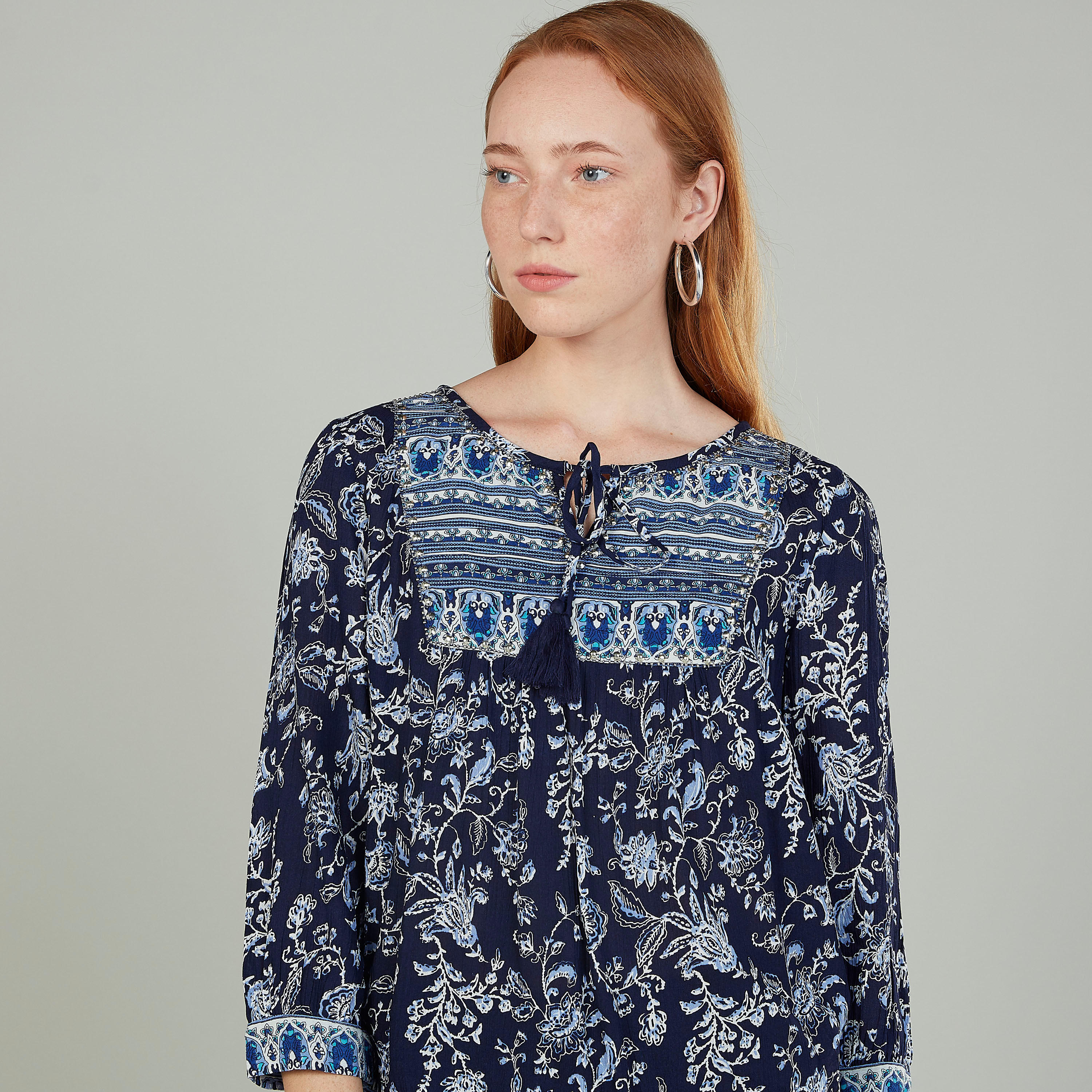 بلوزة بارز الملمس بأكمام 3/4 وأربطة-women-clothing-shirtsandblouses-blouses-image-3