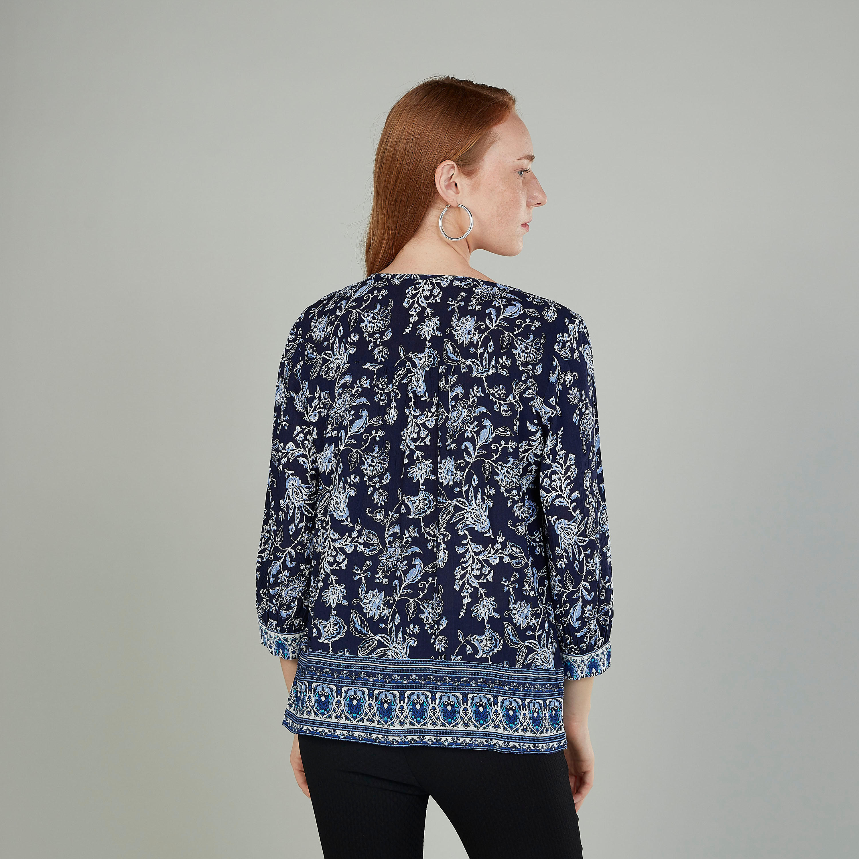 بلوزة بارز الملمس بأكمام 3/4 وأربطة-women-clothing-shirtsandblouses-blouses-image-4
