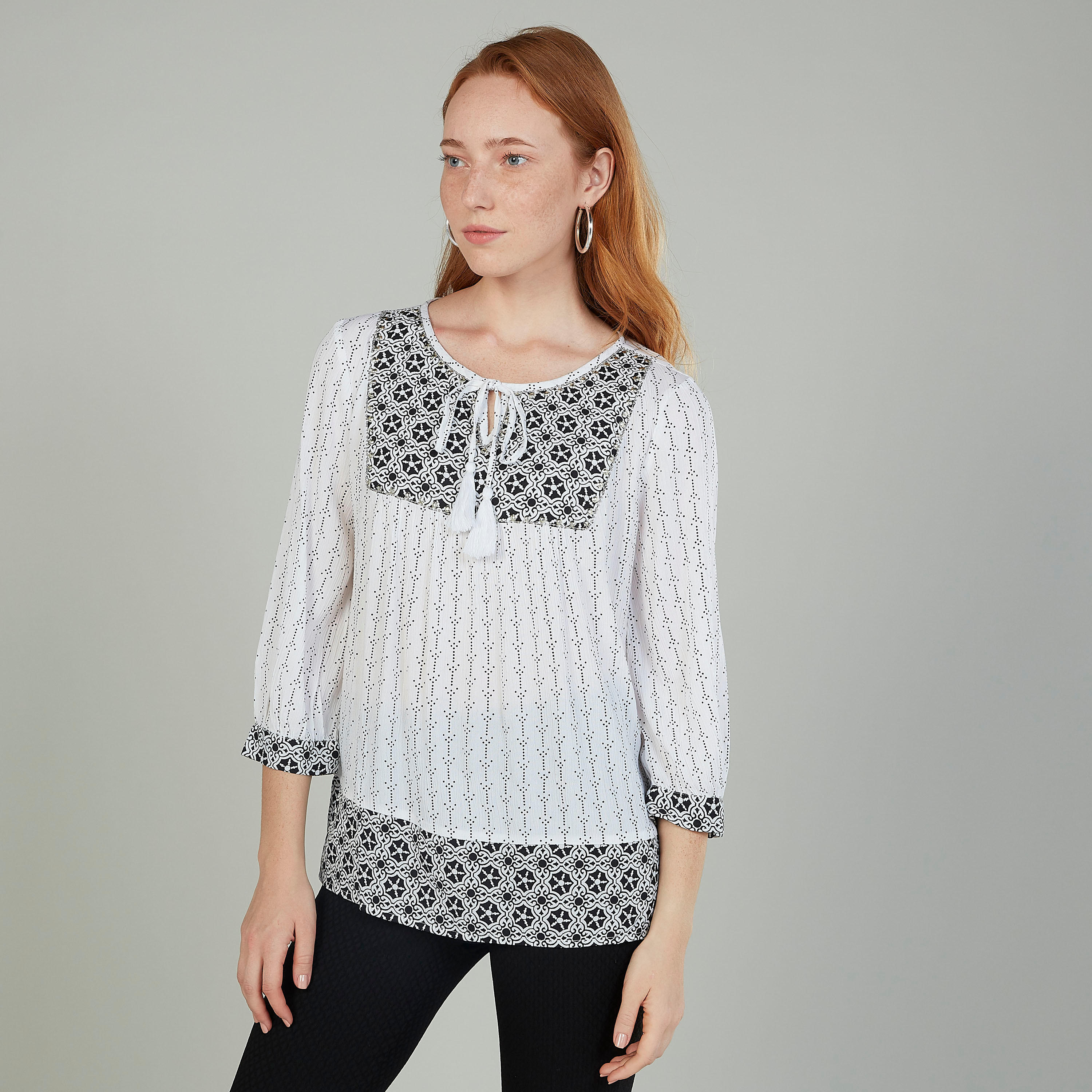 بلوزة بارز الملمس بأكمام 3/4 وأربطة-women-clothing-shirtsandblouses-blouses-image-4