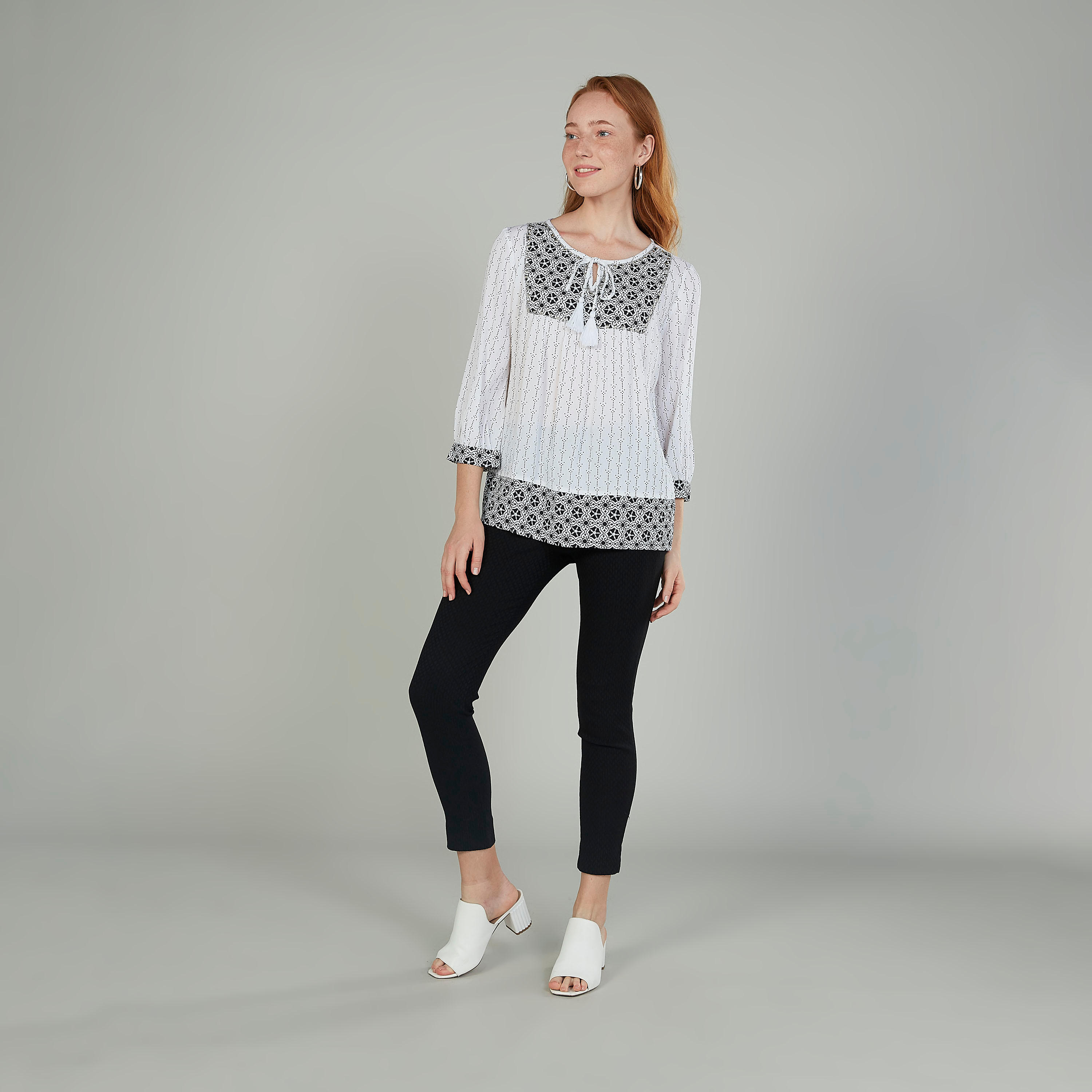 بلوزة بارز الملمس بأكمام 3/4 وأربطة-women-clothing-shirtsandblouses-blouses-image-3