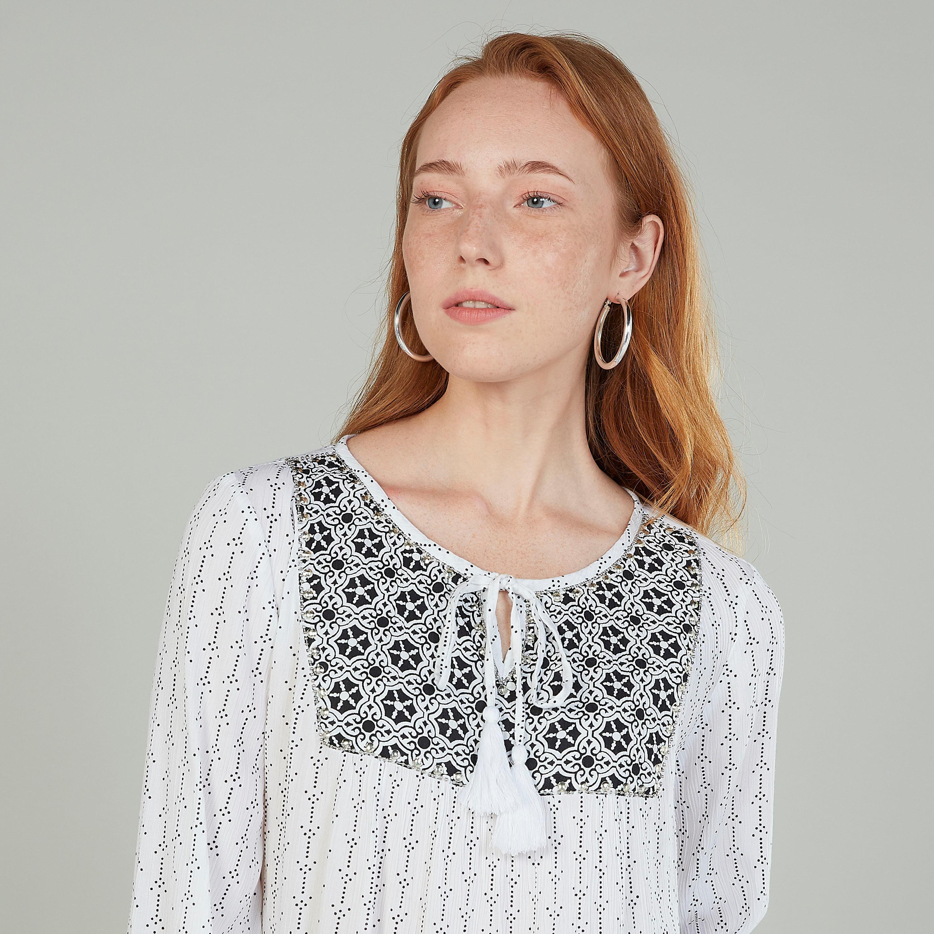 بلوزة بارز الملمس بأكمام 3/4 وأربطة-women-clothing-shirtsandblouses-blouses-image-2