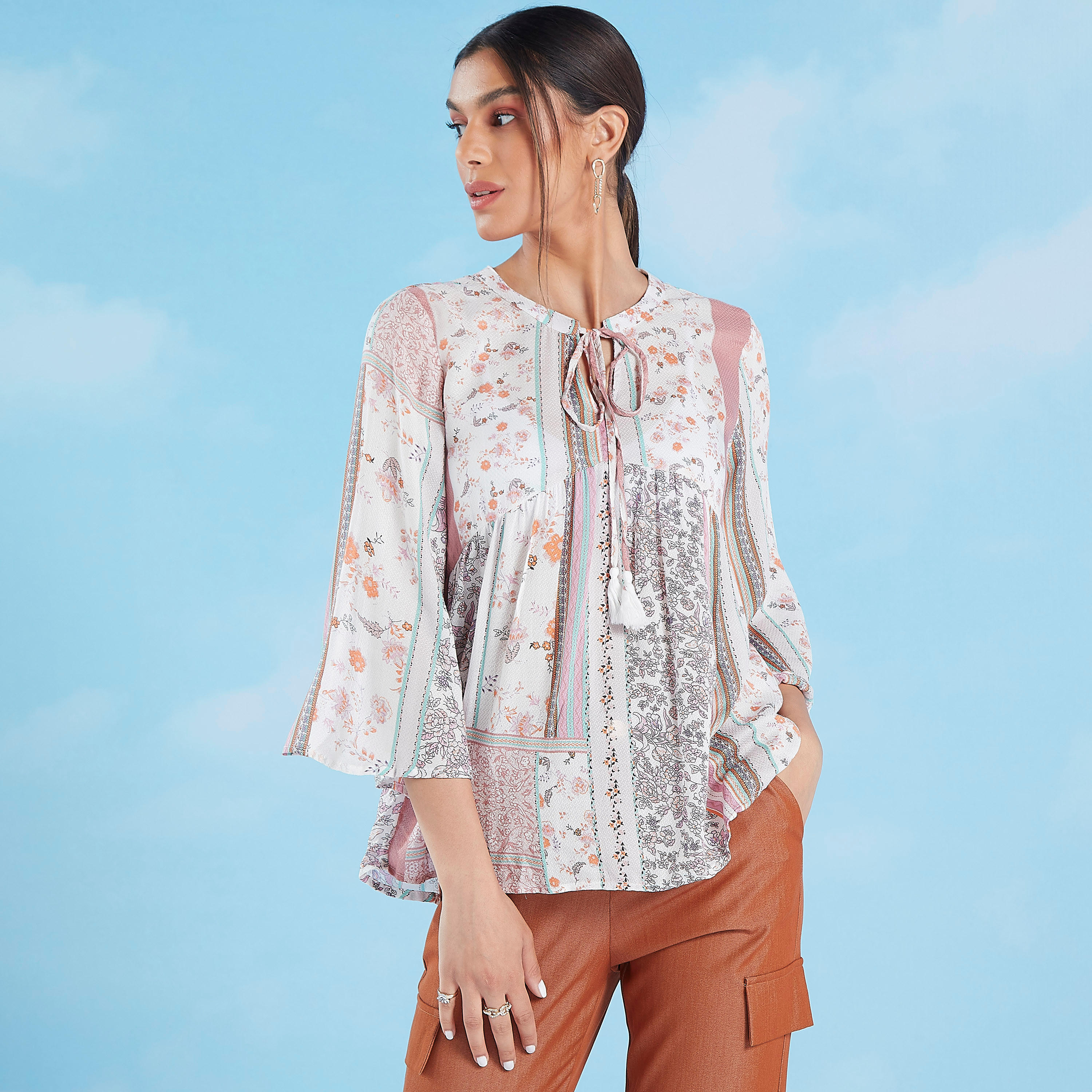 Printed Top with Flared Sleeves and Tie Ups-women-clothing-shirtsandblouses-blouses-image-1