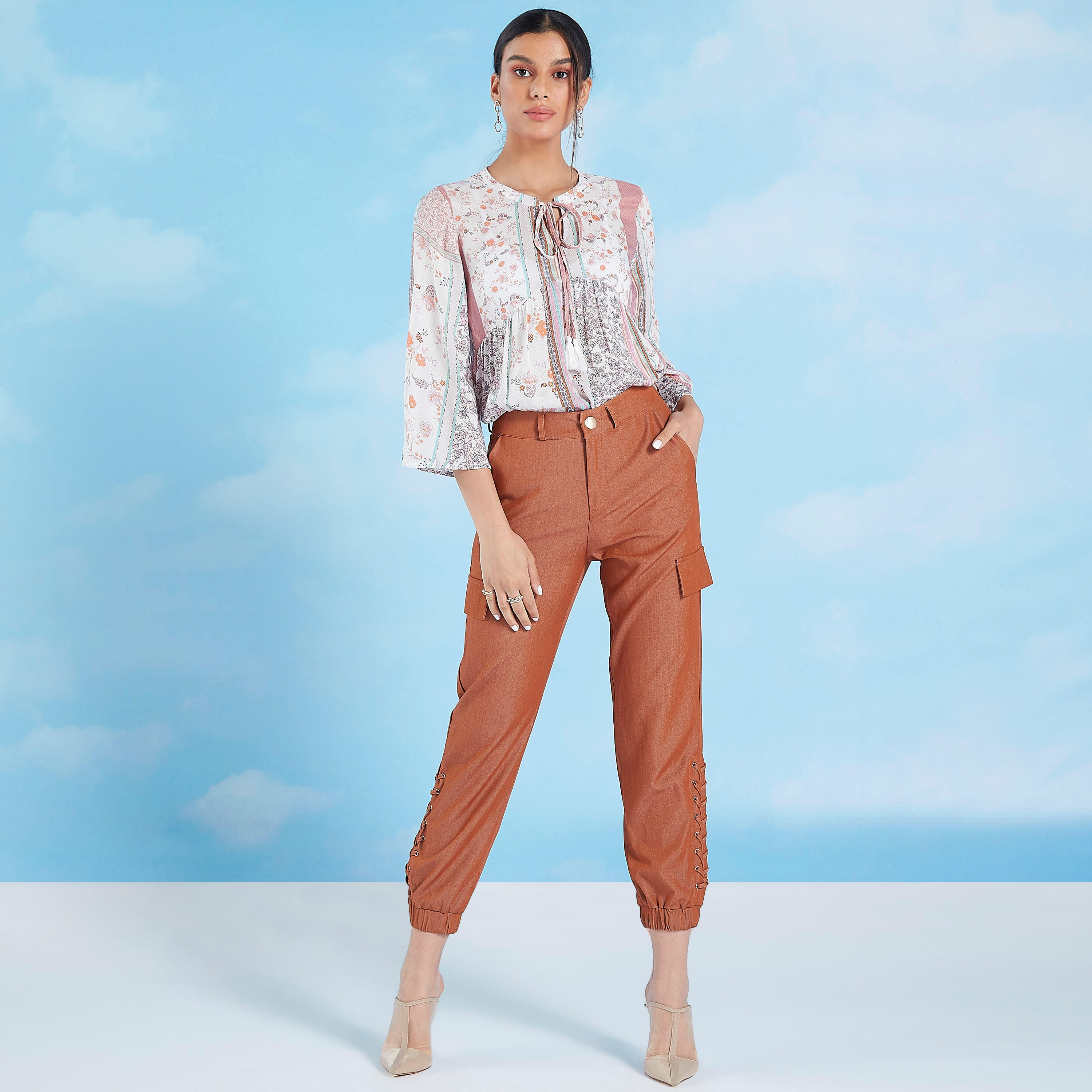 Printed Top with Flared Sleeves and Tie Ups-women-clothing-shirtsandblouses-blouses-image-2