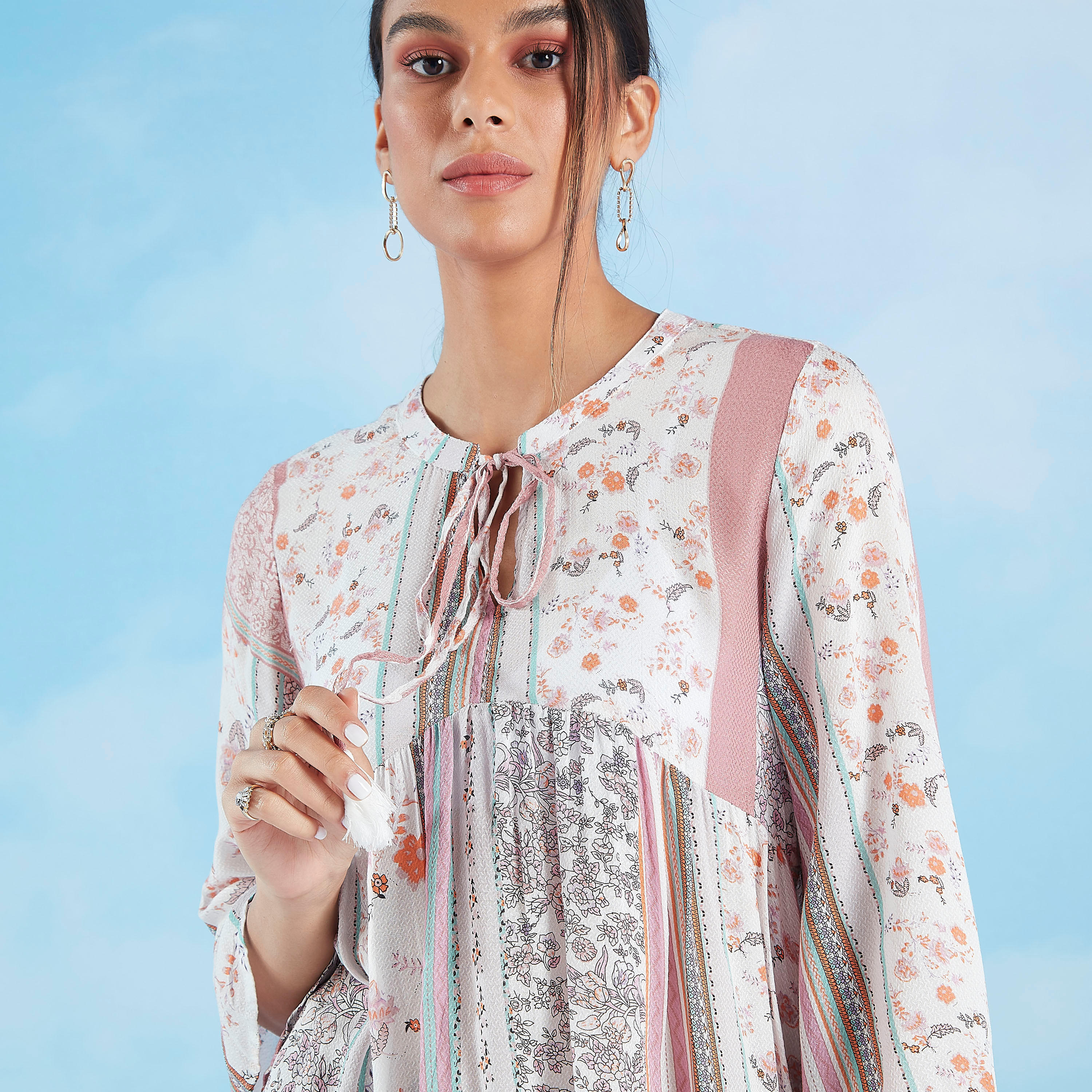 Printed Top with Flared Sleeves and Tie Ups-women-clothing-shirtsandblouses-blouses-image-3
