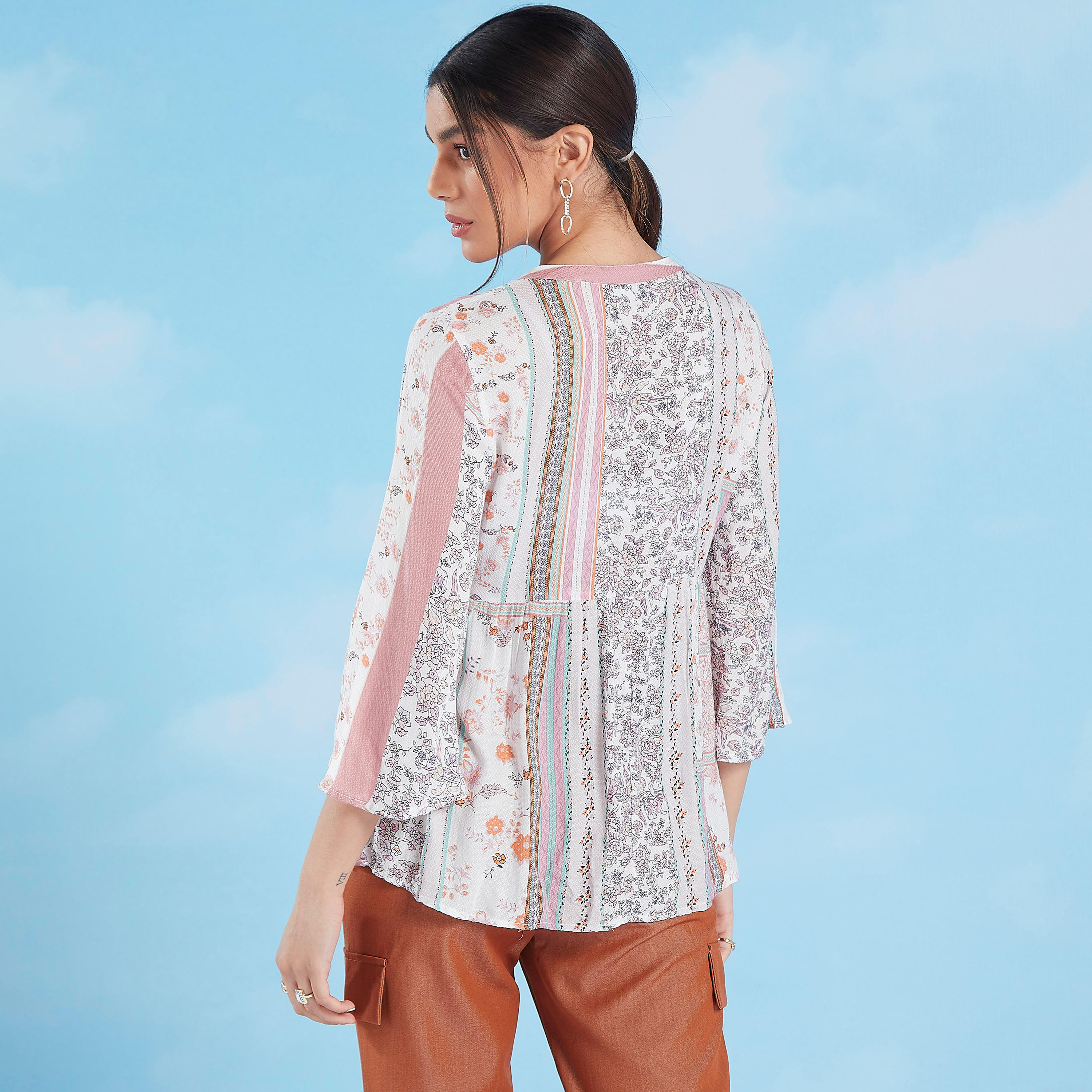Printed Top with Flared Sleeves and Tie Ups-women-clothing-shirtsandblouses-blouses-image-4