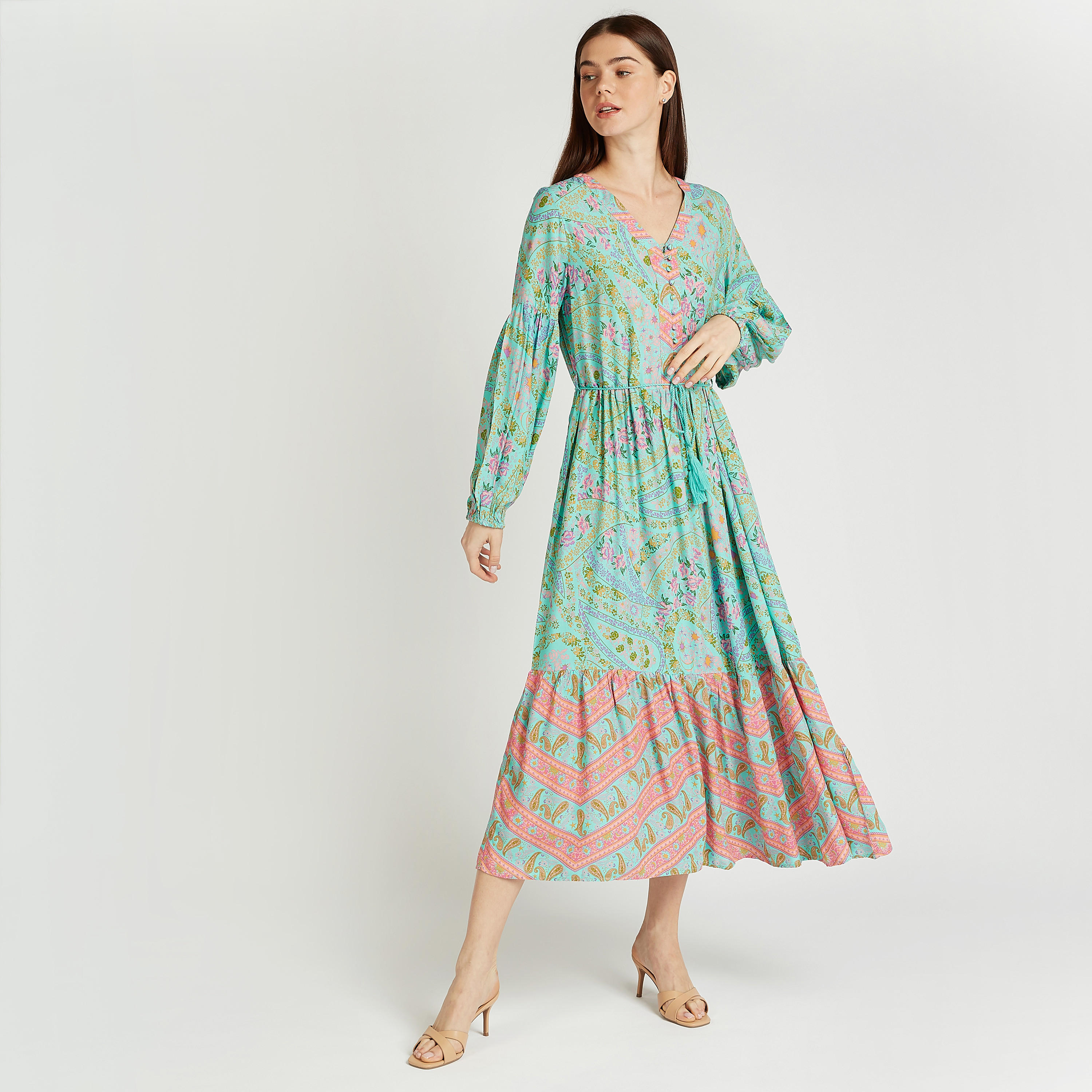Printed Midi Dress with V-neck and Bishop Sleeves-women-clothing-dresses-image-1
