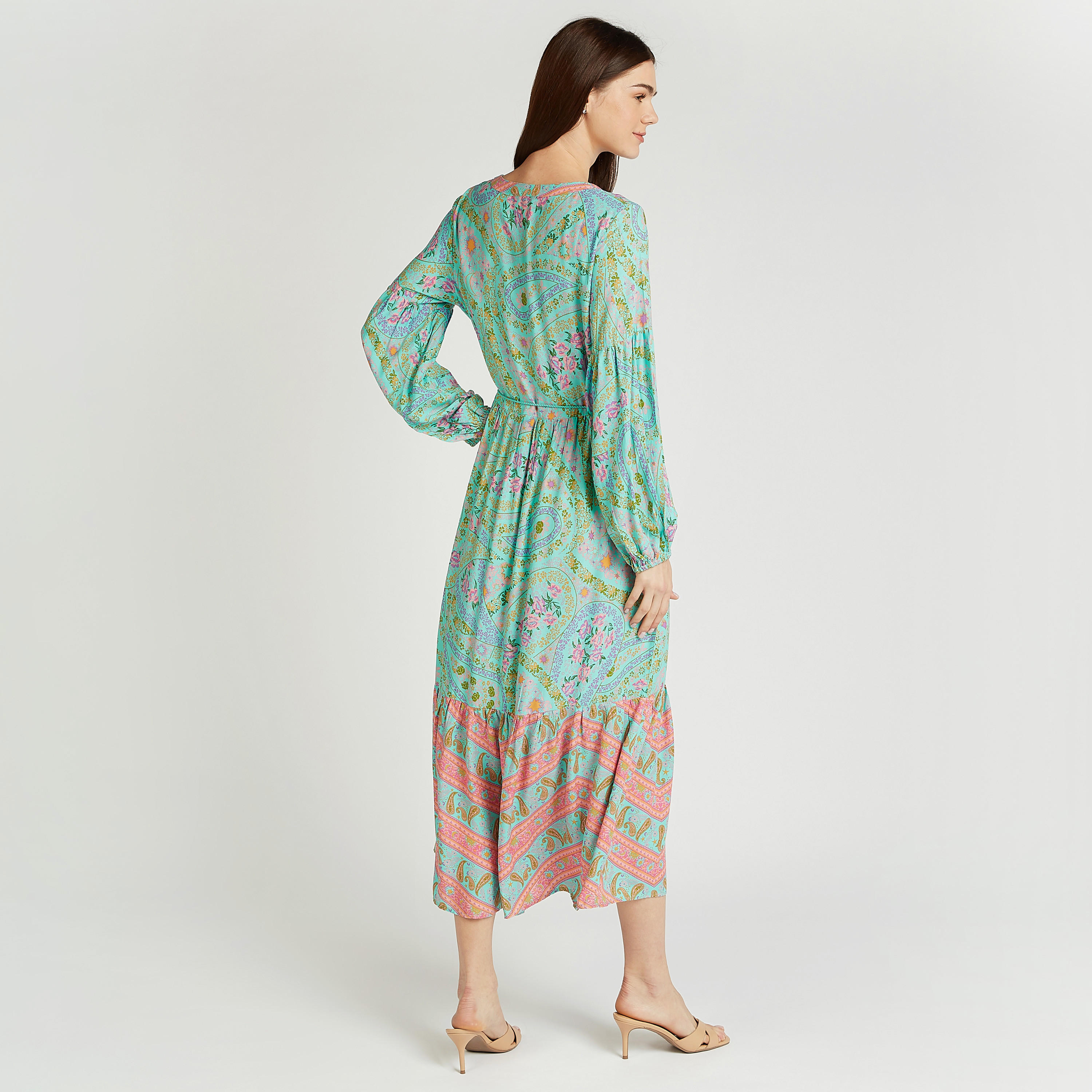 Printed Midi Dress with V-neck and Bishop Sleeves-women-clothing-dresses-image-2