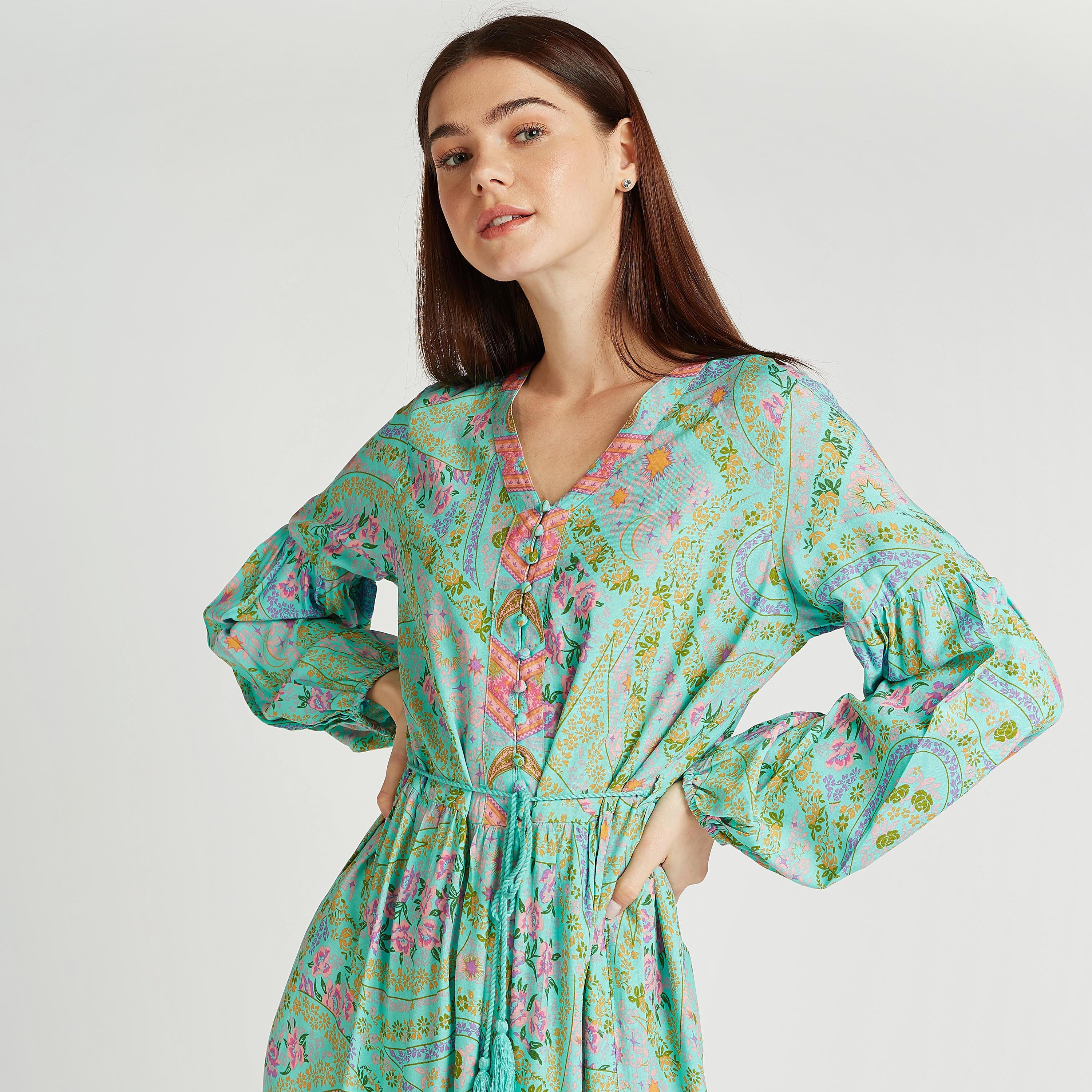 Printed Midi Dress with V-neck and Bishop Sleeves-women-clothing-dresses-image-3