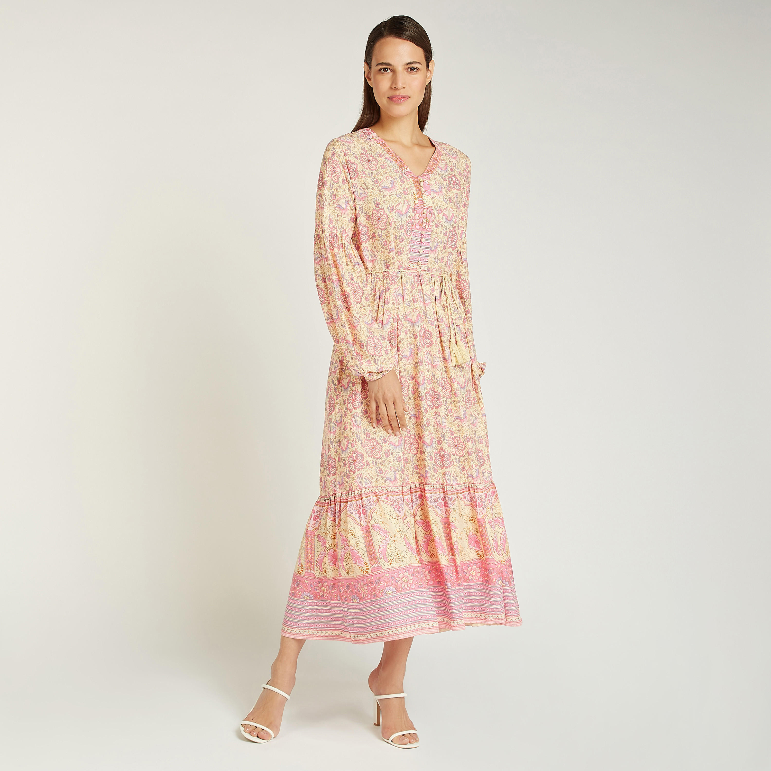 فستان ميدي بياقة V وأكمام بيشوب بطبعات-women-clothing-dresses-image-1