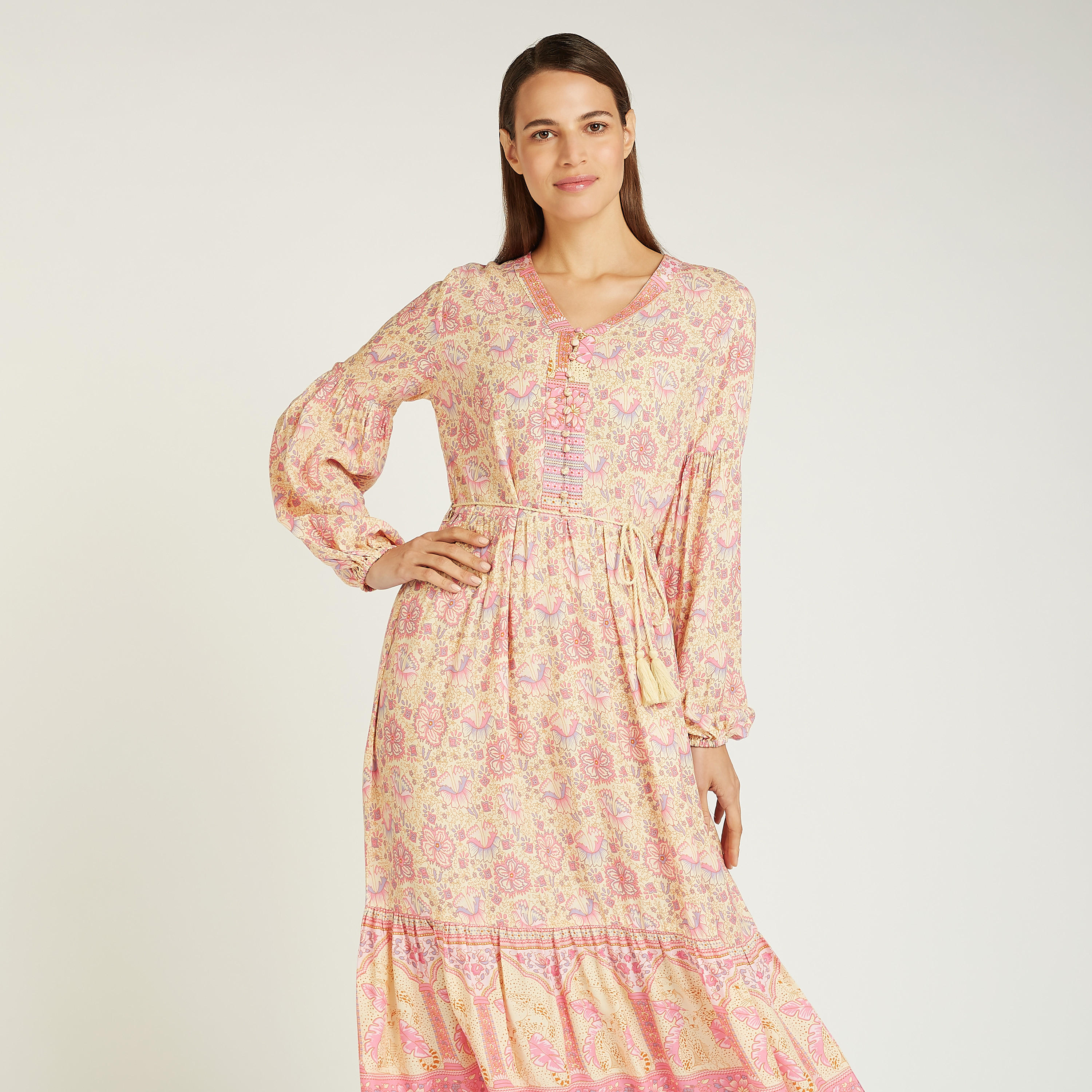 فستان ميدي بياقة V وأكمام بيشوب بطبعات-women-clothing-dresses-image-2