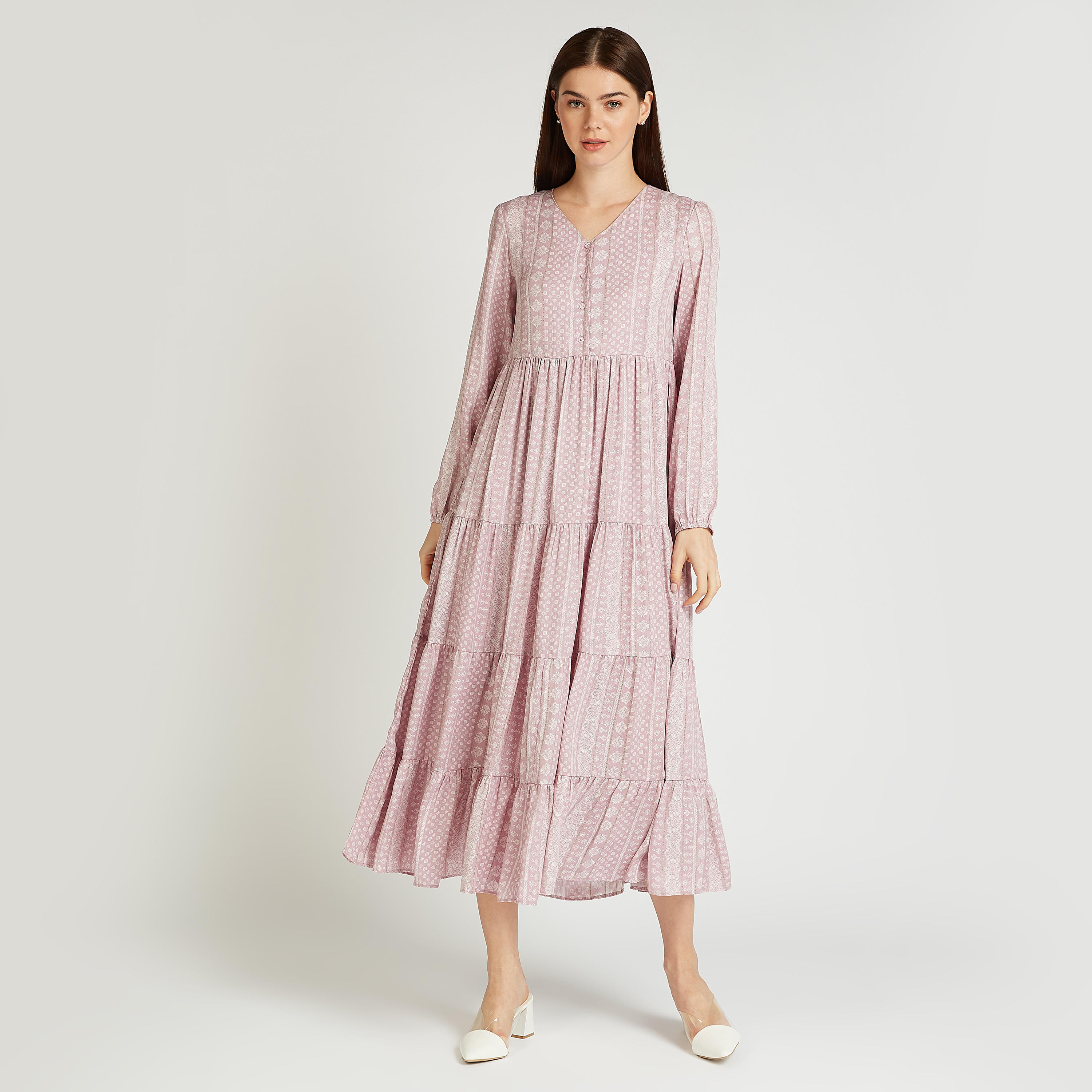 فستان ميدي بياقة V وأكمام بيشوب وطبعات-women-clothing-dresses-image-1