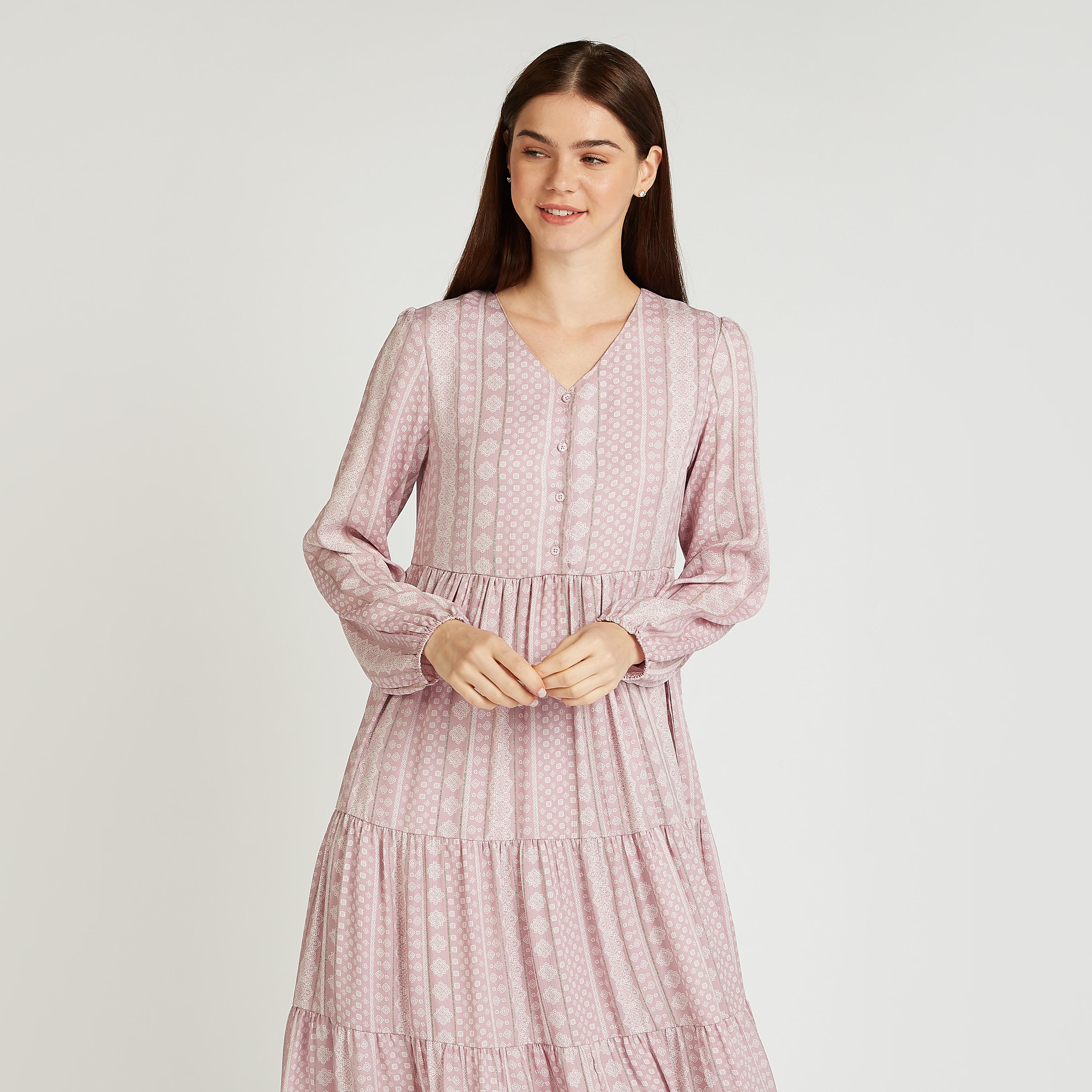 فستان ميدي بياقة V وأكمام بيشوب وطبعات-women-clothing-dresses-image-2