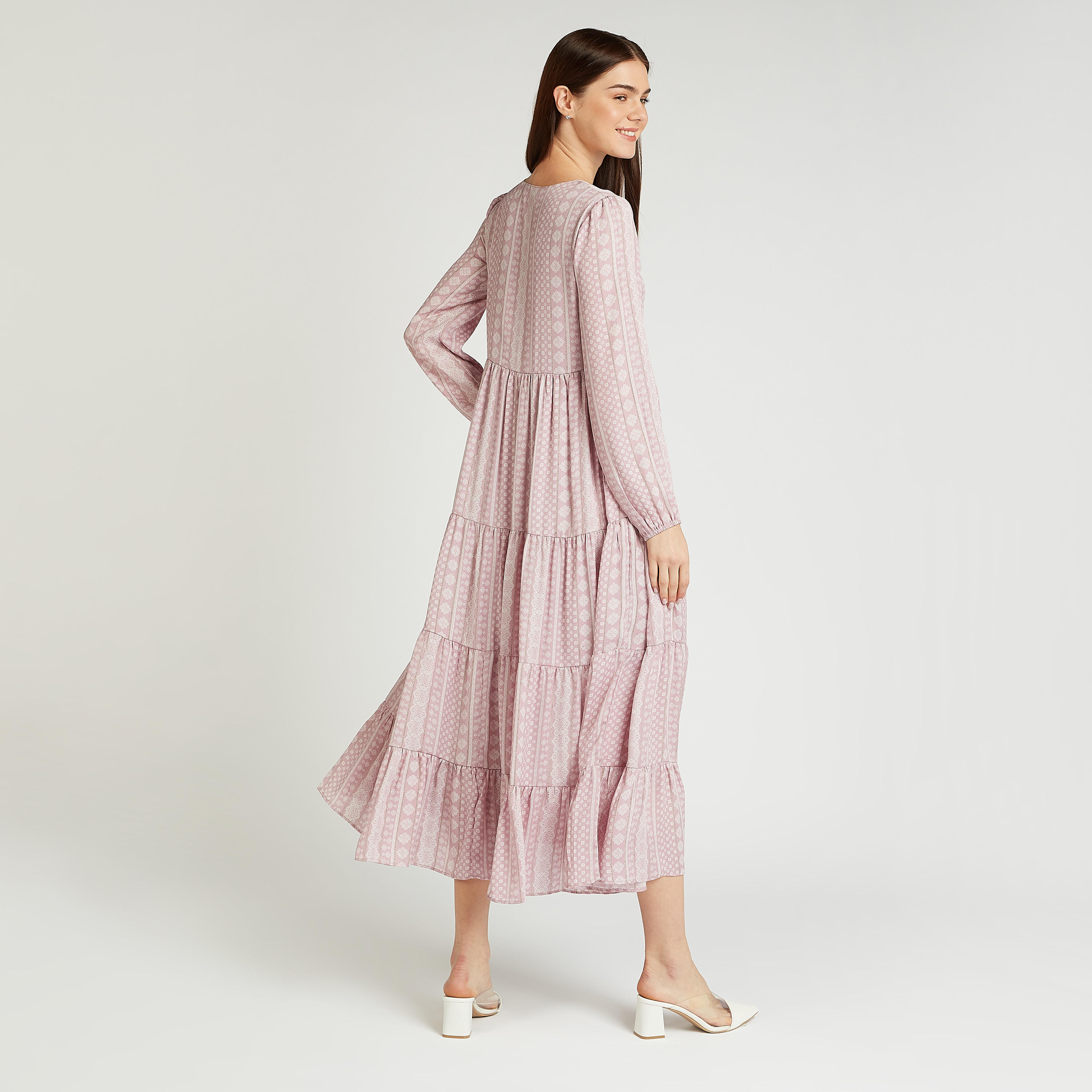 فستان ميدي بياقة V وأكمام بيشوب وطبعات-women-clothing-dresses-image-3