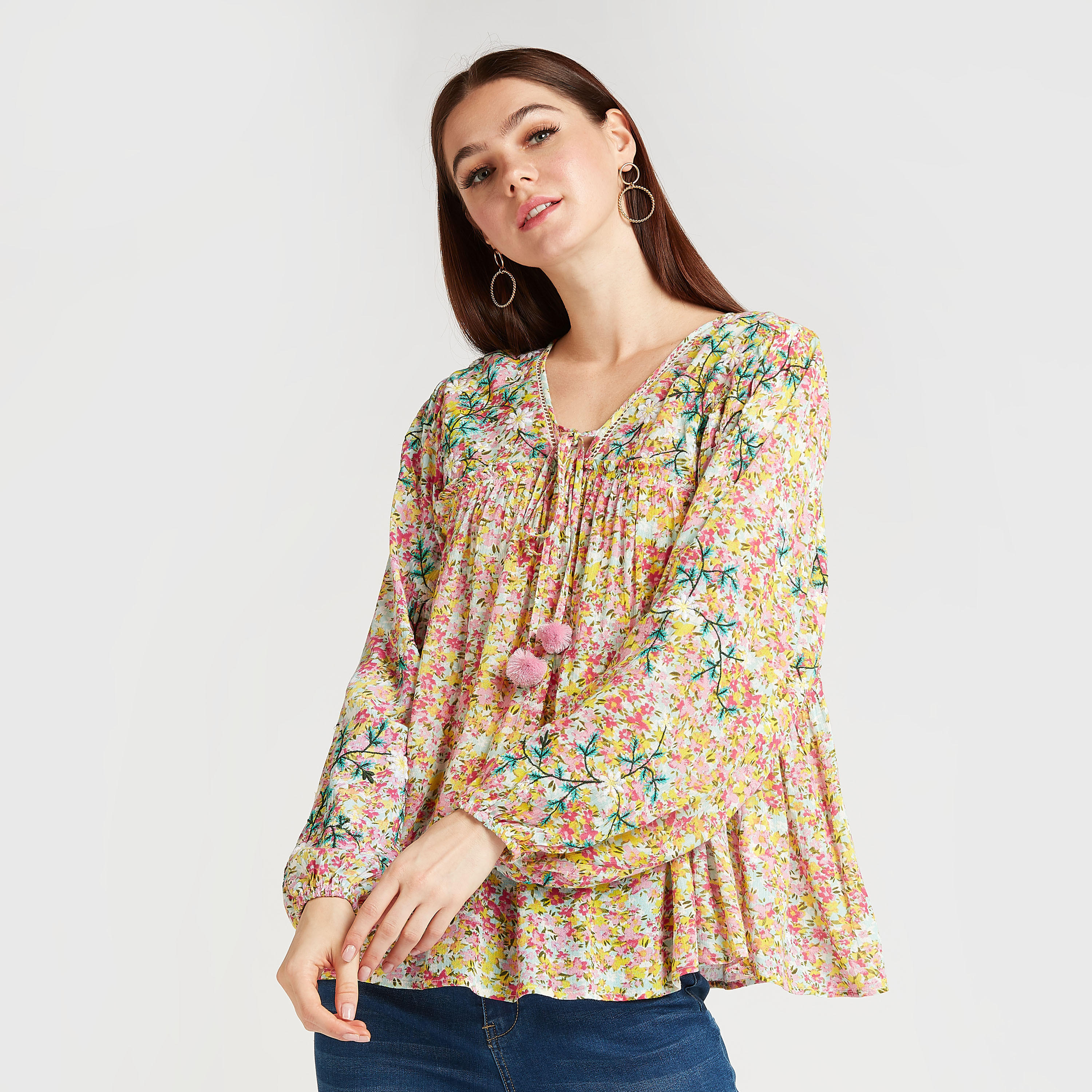 بلوزة بأكمام بيشوب وطبعات أزهار وأربطة-women-clothing-shirtsandblouses-blouses-image-1