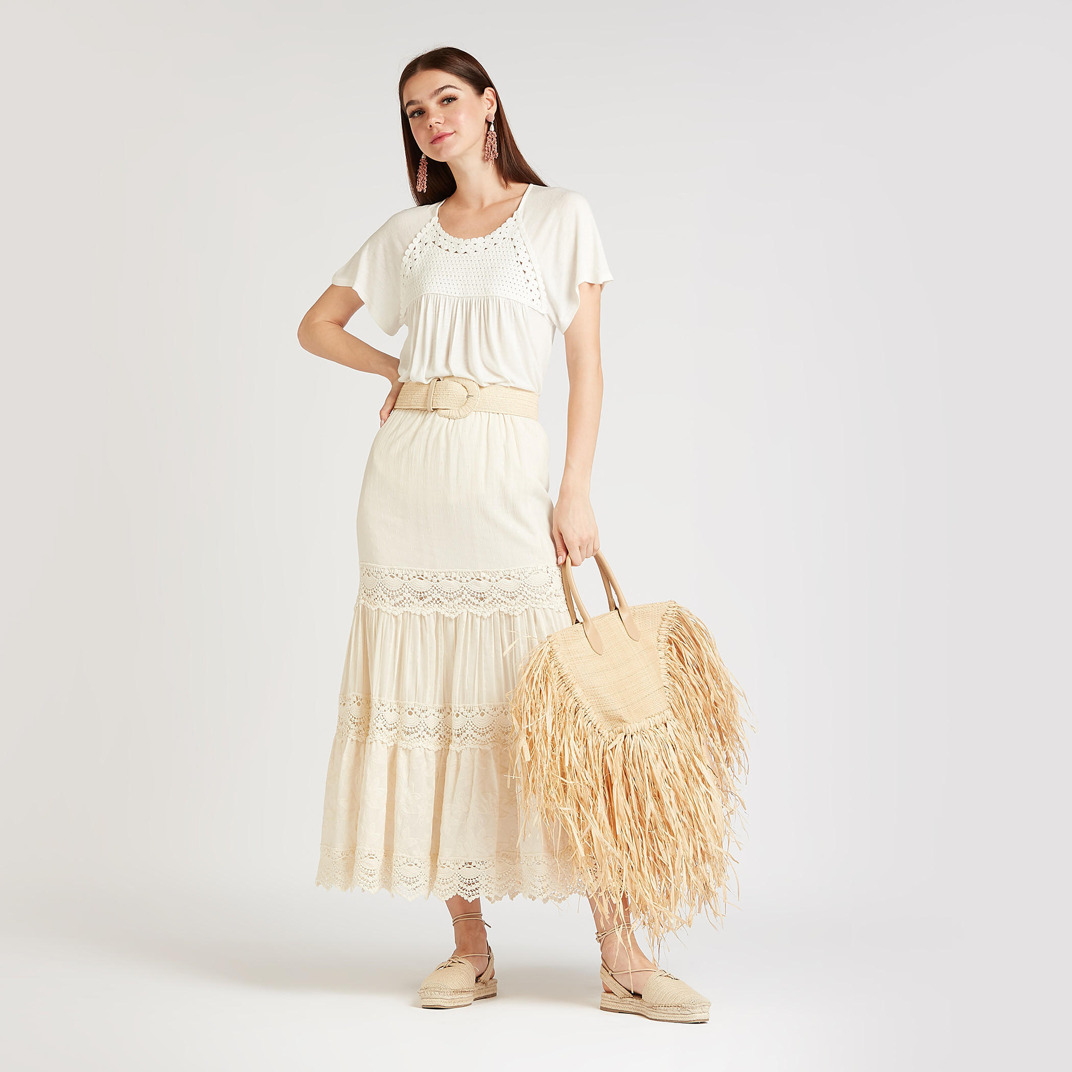 تنورة إيه لاين طويلة بخصر مطّاطي و تفاصيل دانتيل-women-clothing-bottoms-skirts-image-2