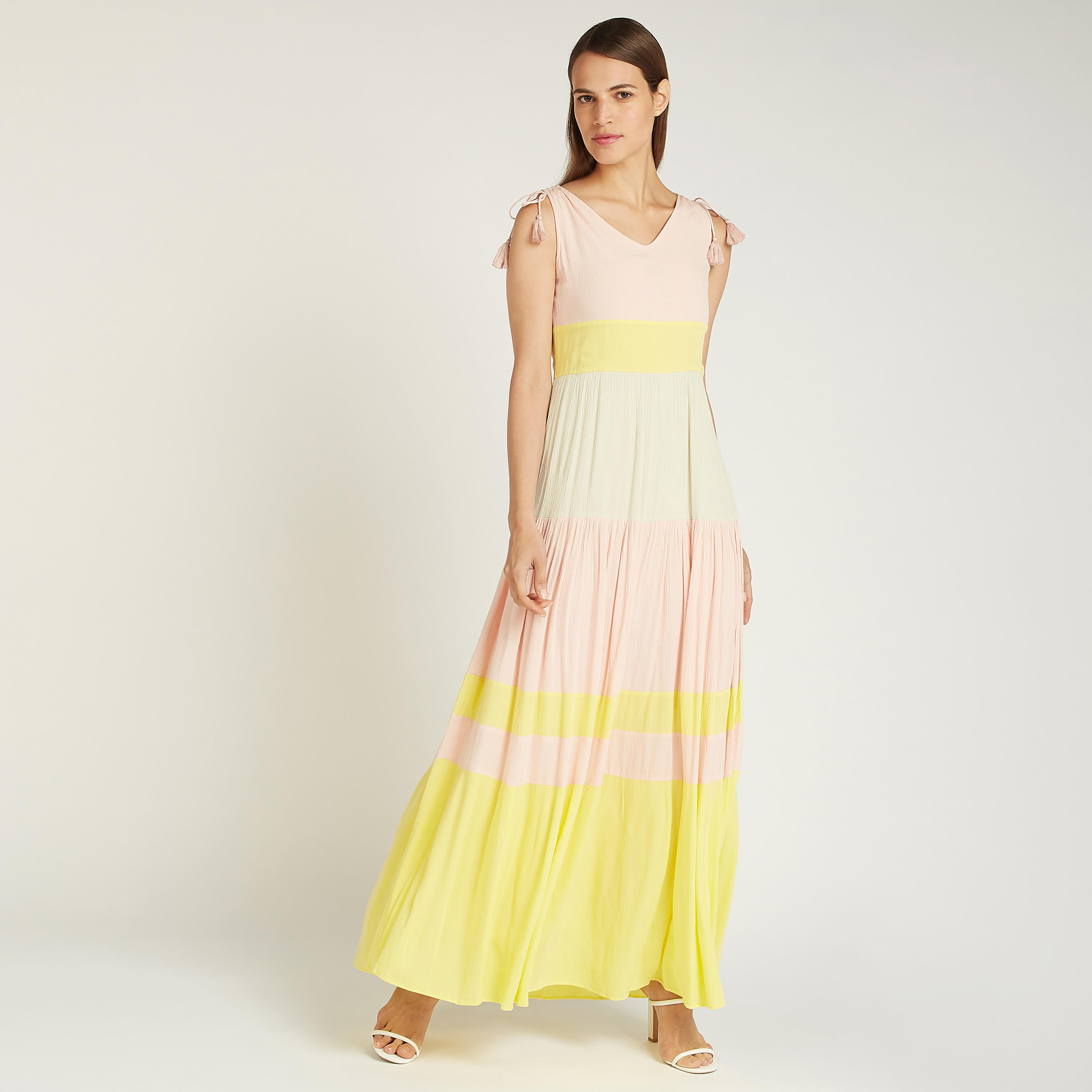 فستان مخطط طويل بياقة V وأربطة-women-clothing-dresses-image-1