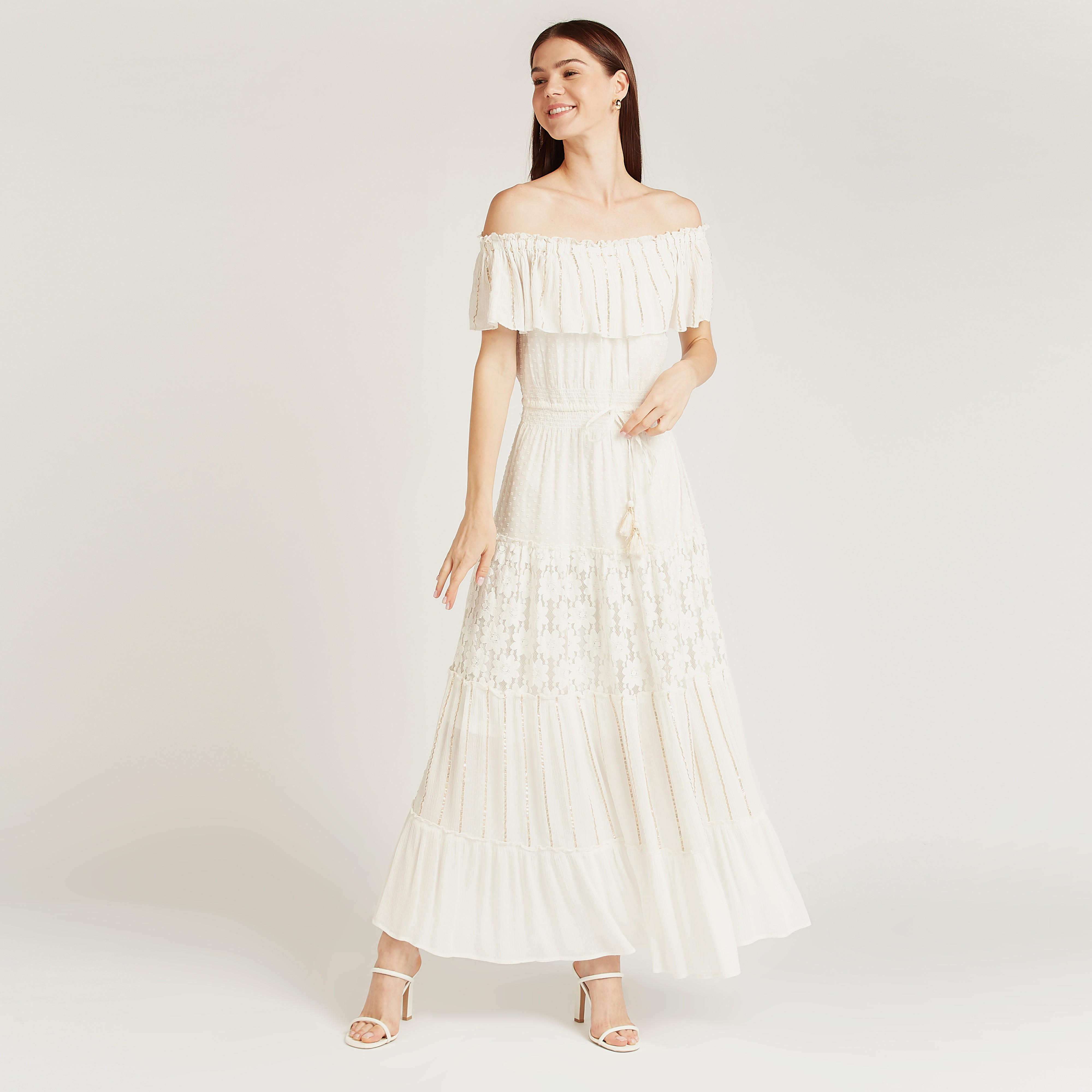 Off Shoulder Textured Maxi Dress with Tie Ups-women-clothing-dresses-image-1