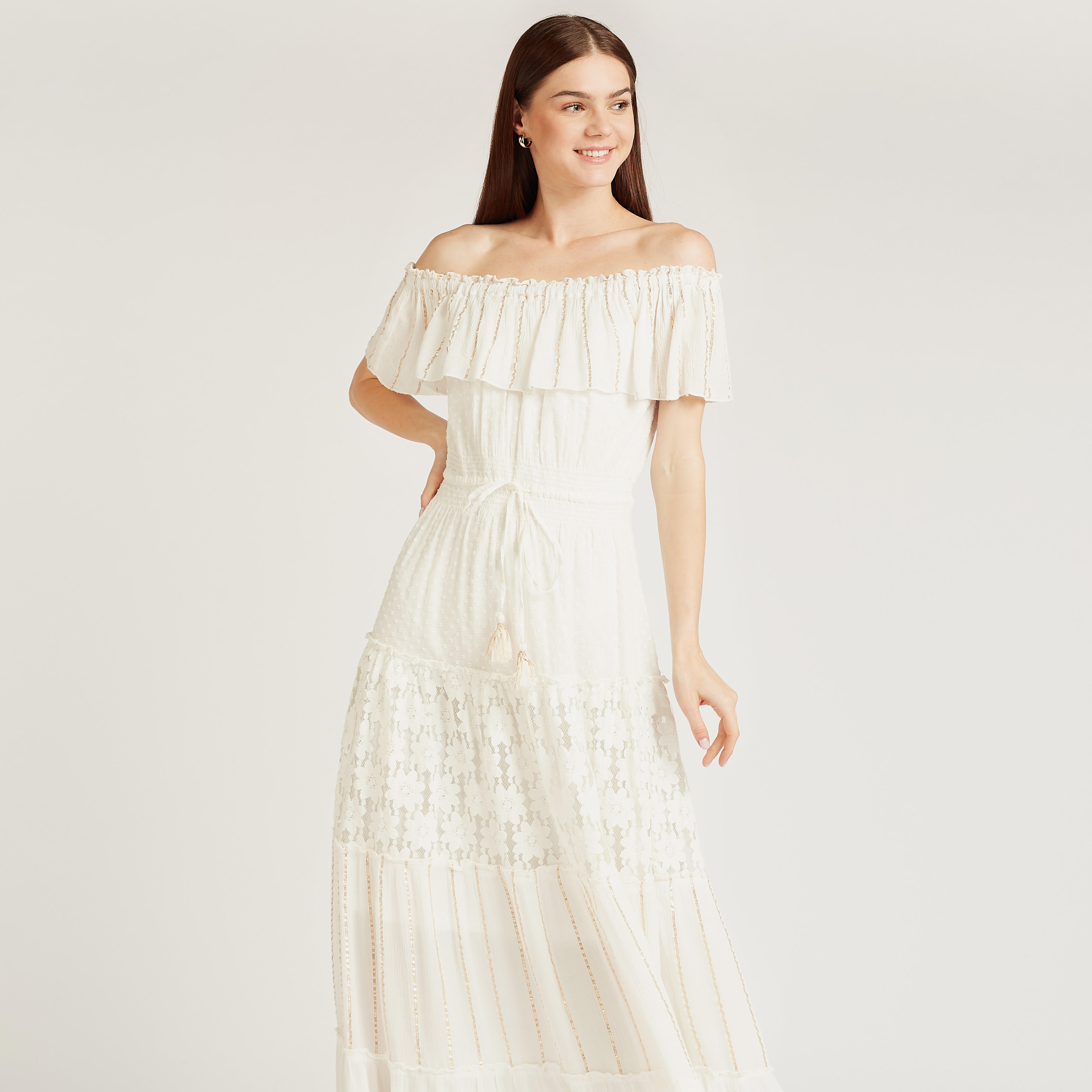 Off Shoulder Textured Maxi Dress with Tie Ups-women-clothing-dresses-image-2
