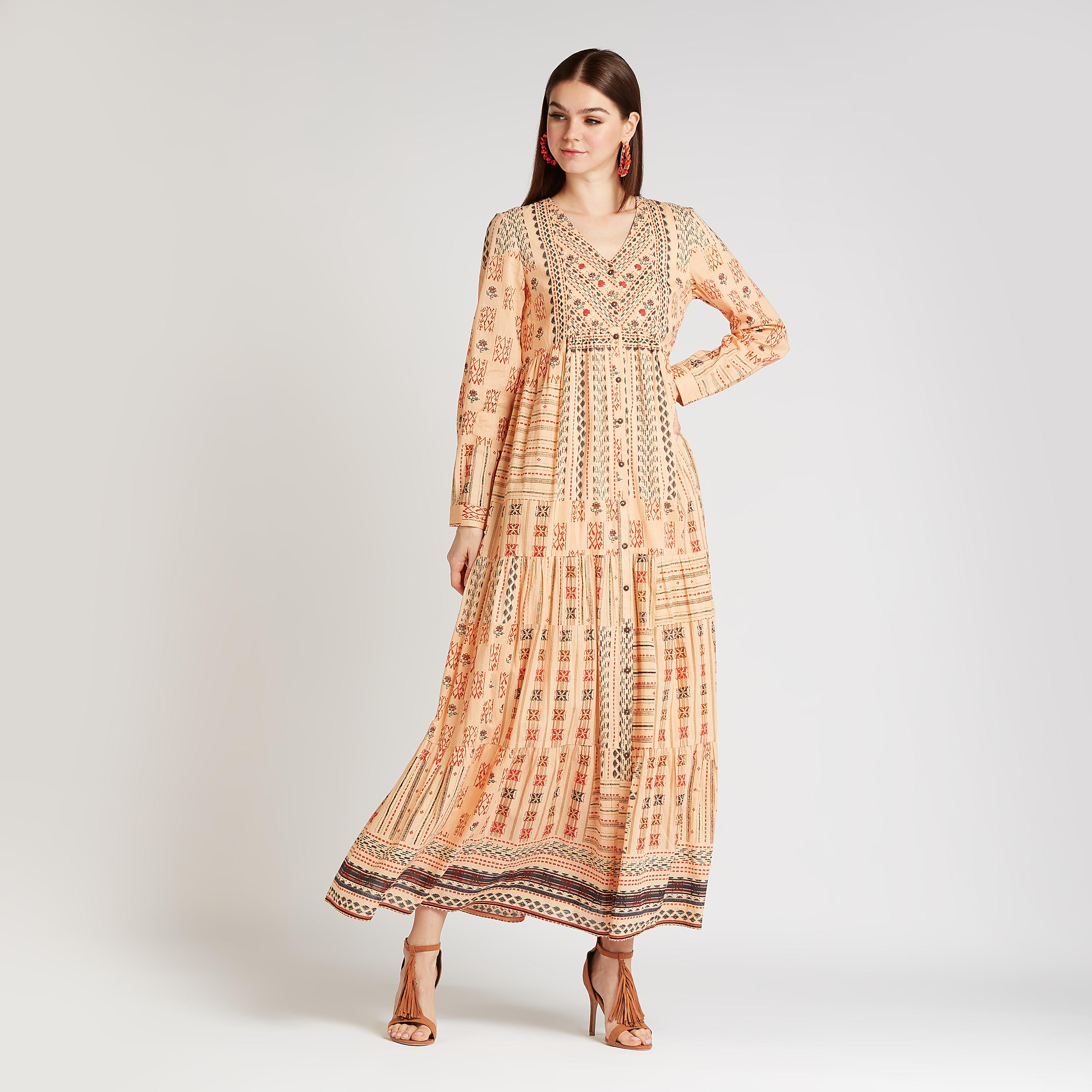 فستان طويل إيه لاين بياقة V وأكمام طويلة وطبعات-women-clothing-dresses-image-1