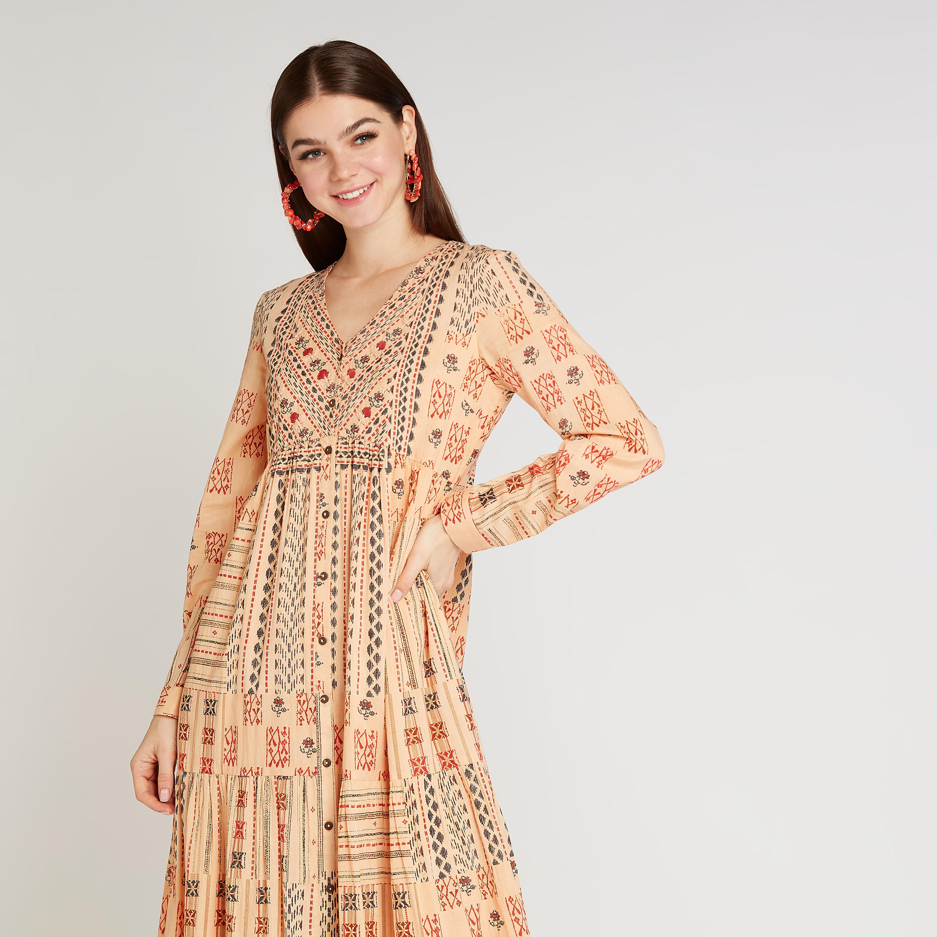 فستان طويل إيه لاين بياقة V وأكمام طويلة وطبعات-women-clothing-dresses-image-4