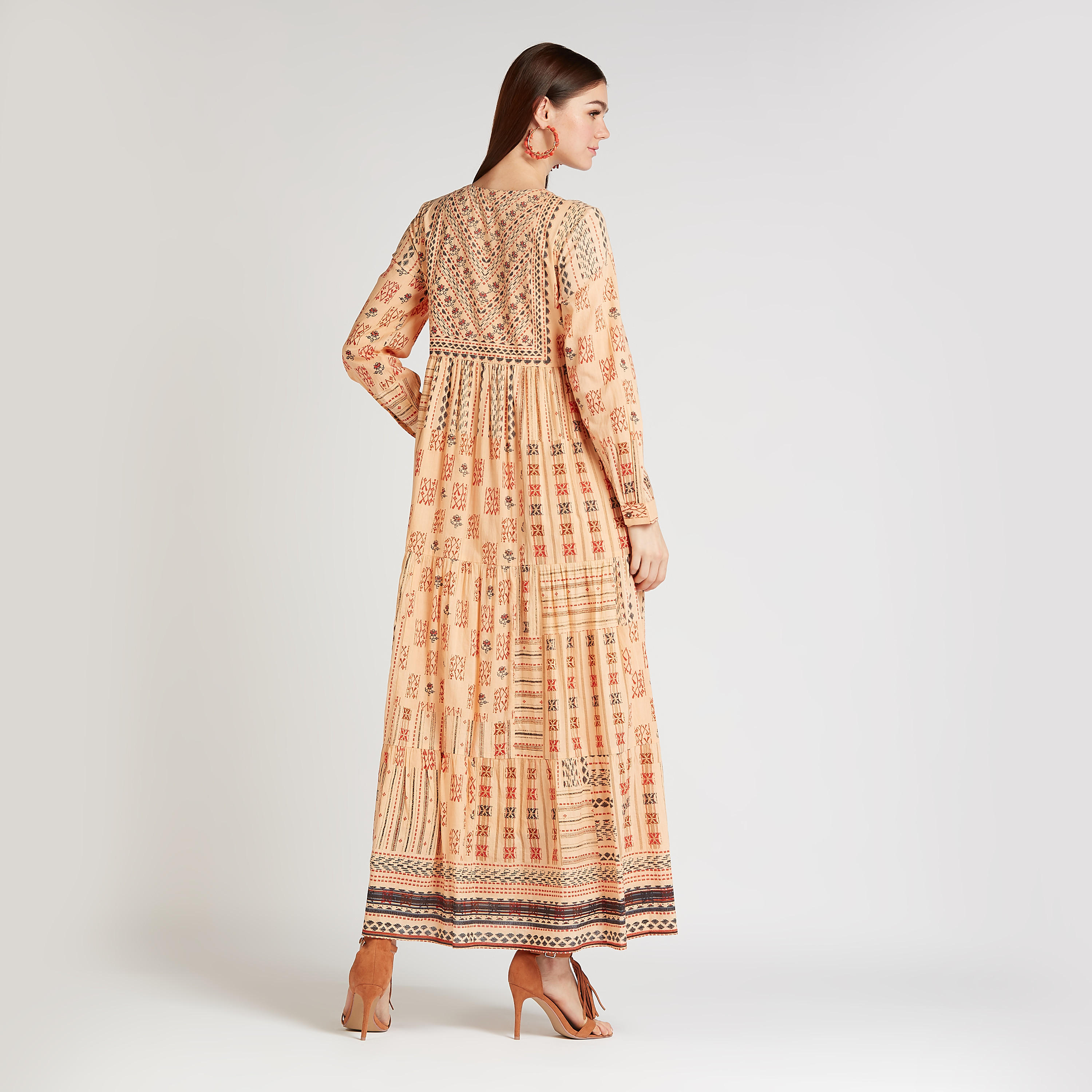 فستان طويل إيه لاين بياقة V وأكمام طويلة وطبعات-women-clothing-dresses-image-5