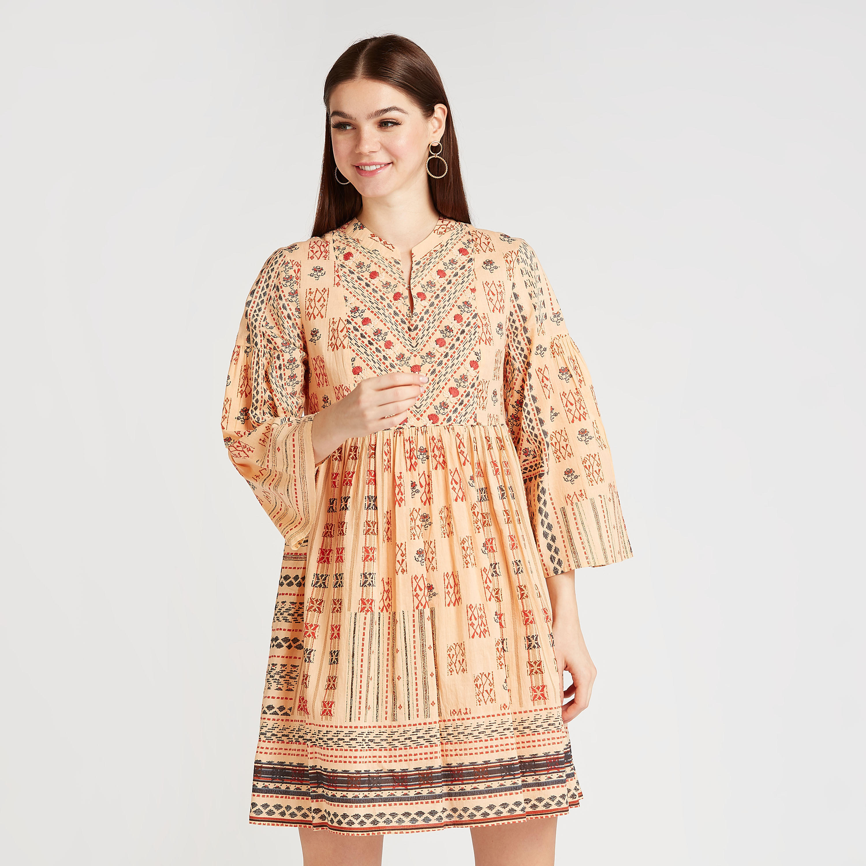 فستان قصير إيه لاين بأكمام 3/4  وطبعات-women-clothing-dresses-image-1