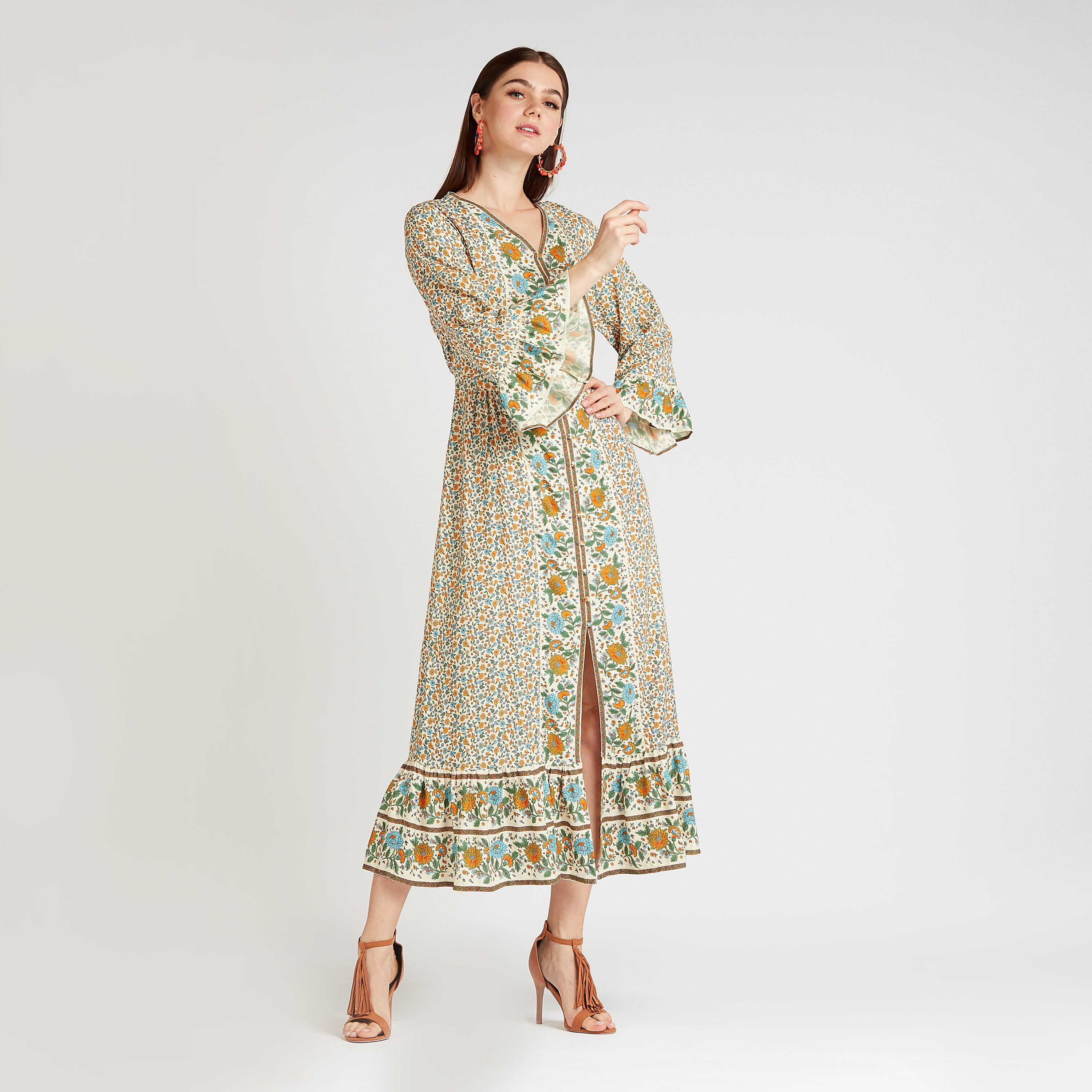 فستان ميدي إيه لاين بأكمام واسعة وفتحة أمامية و طبعات أزهار-women-clothing-dresses-image-1