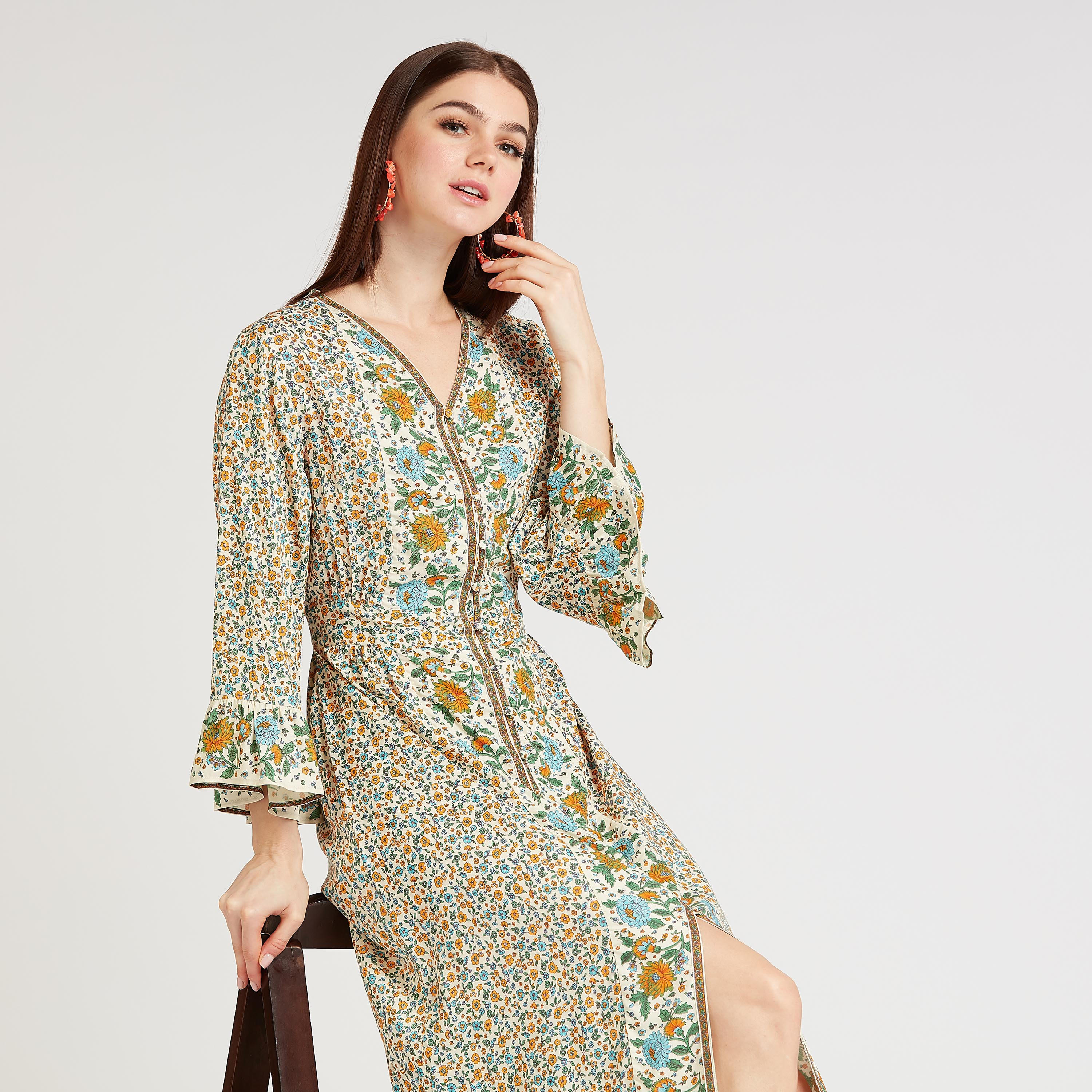 فستان ميدي إيه لاين بأكمام واسعة وفتحة أمامية و طبعات أزهار-women-clothing-dresses-image-2