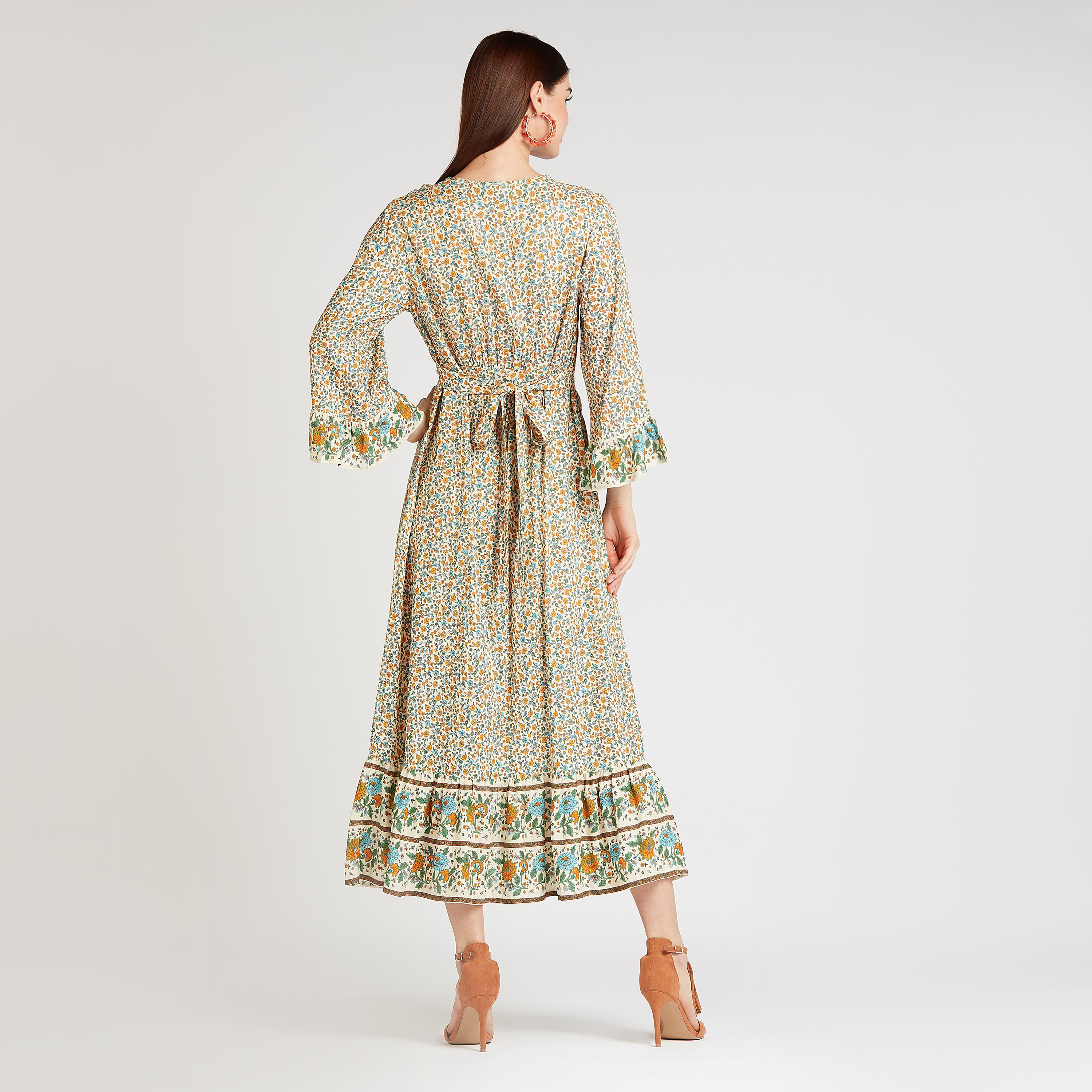 فستان ميدي إيه لاين بأكمام واسعة وفتحة أمامية و طبعات أزهار-women-clothing-dresses-image-3