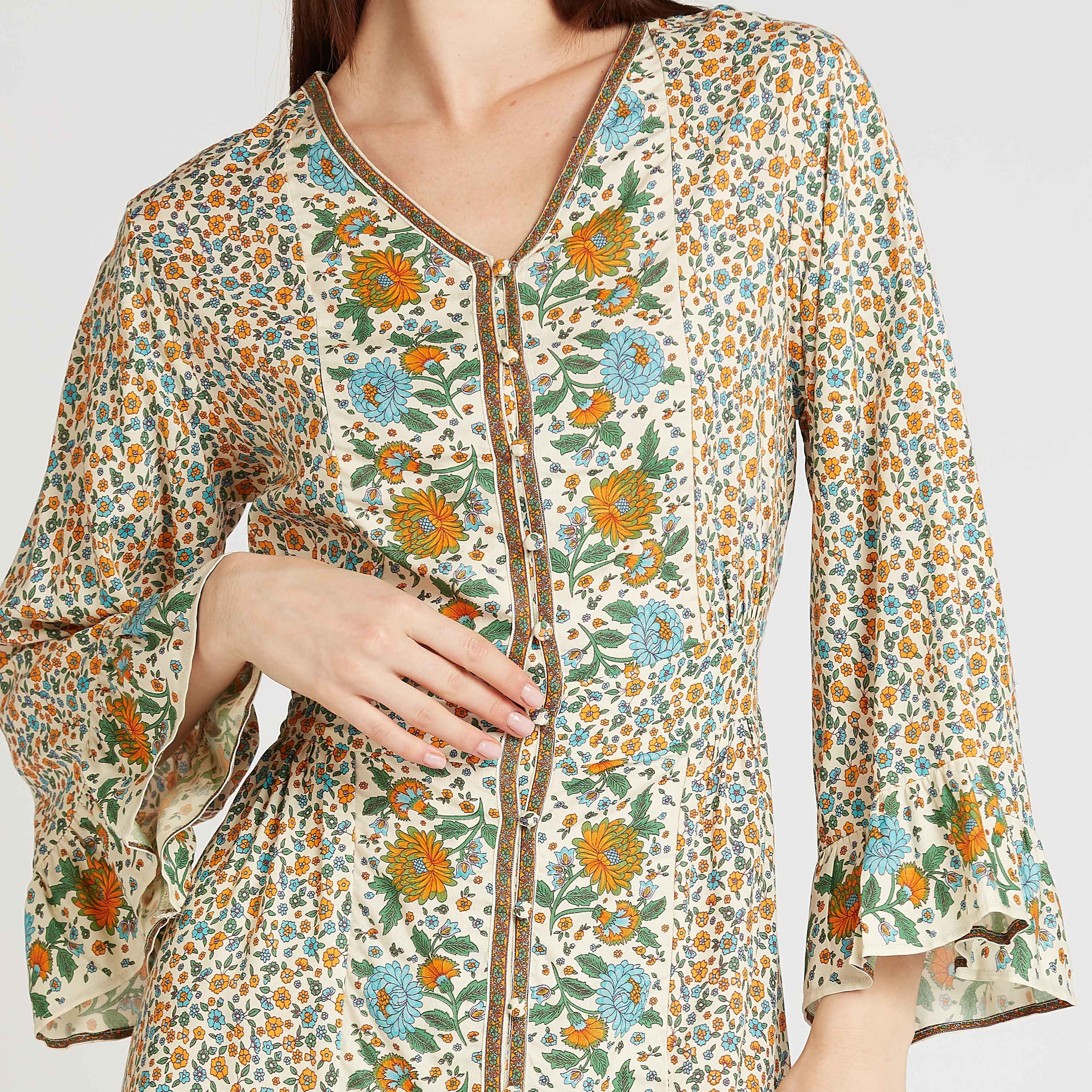 فستان ميدي إيه لاين بأكمام واسعة وفتحة أمامية و طبعات أزهار-women-clothing-dresses-image-4