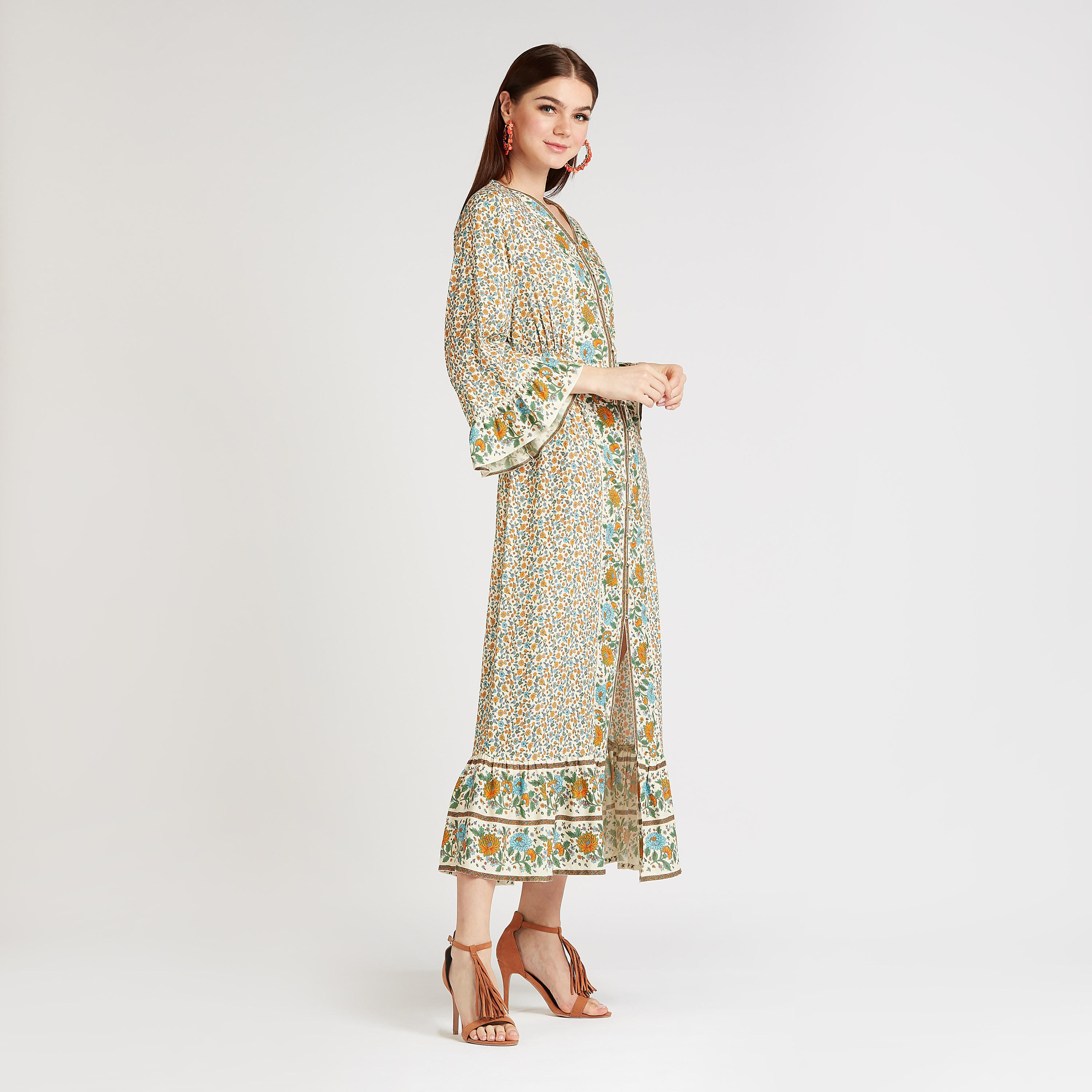 فستان ميدي إيه لاين بأكمام واسعة وفتحة أمامية و طبعات أزهار-women-clothing-dresses-image-5