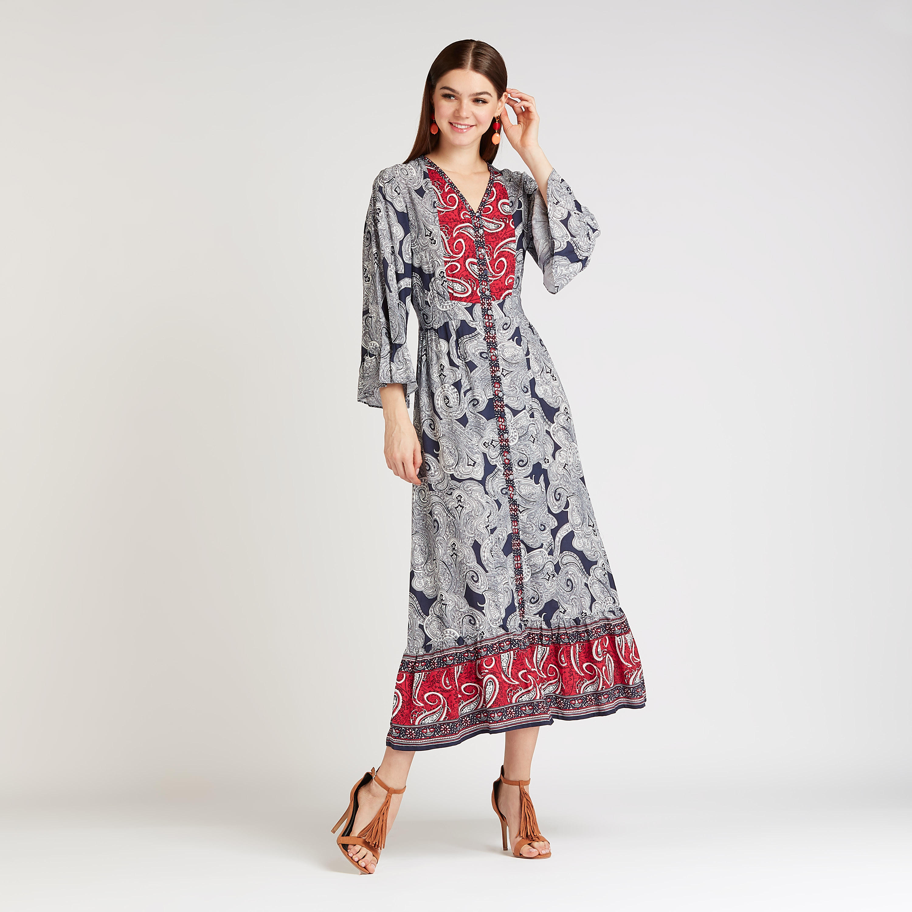 فستان ايه لاين ميدي بياقة V و أكمام واسعة و طبعات بيزلي-women-clothing-dresses-image-1