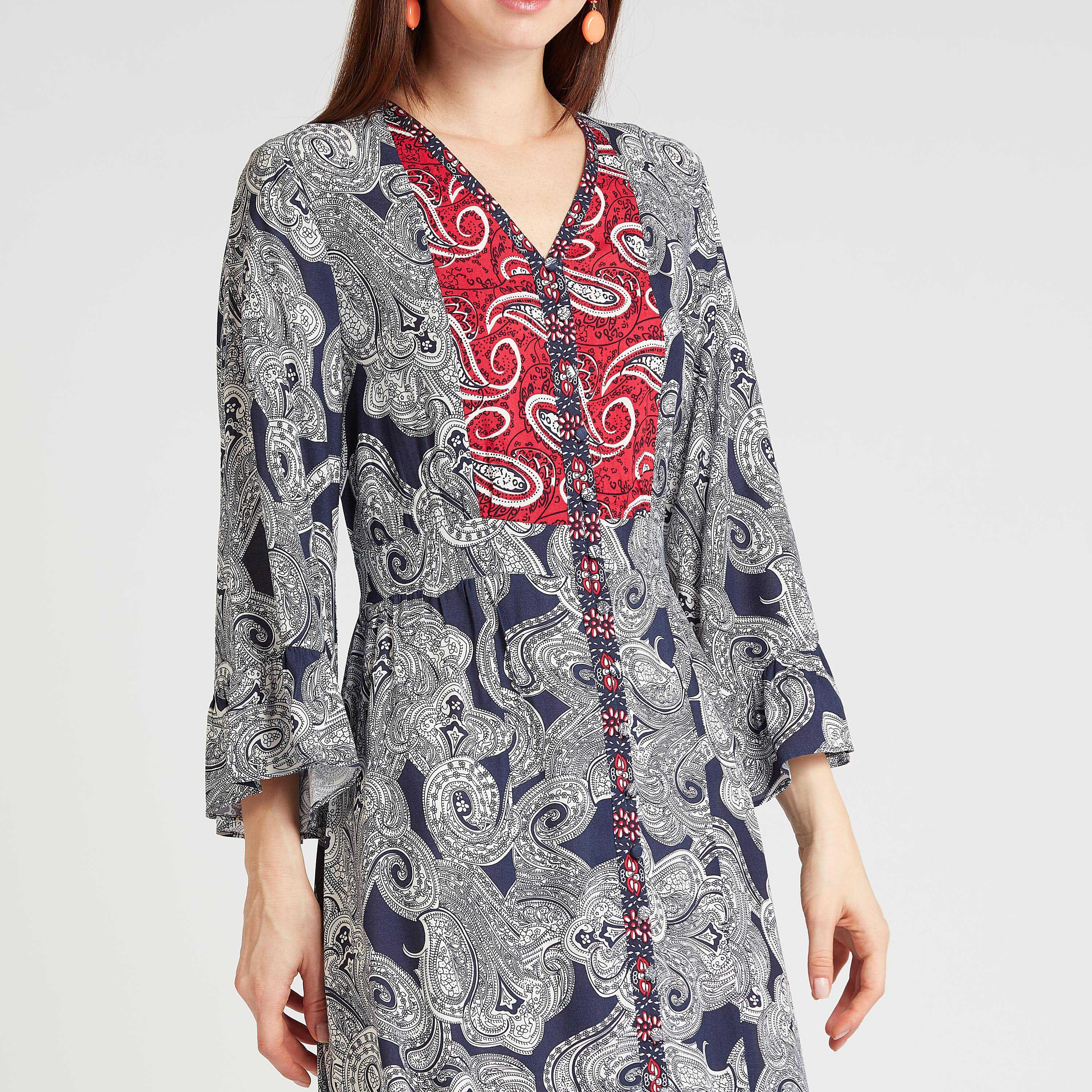 فستان ايه لاين ميدي بياقة V و أكمام واسعة و طبعات بيزلي-women-clothing-dresses-image-2