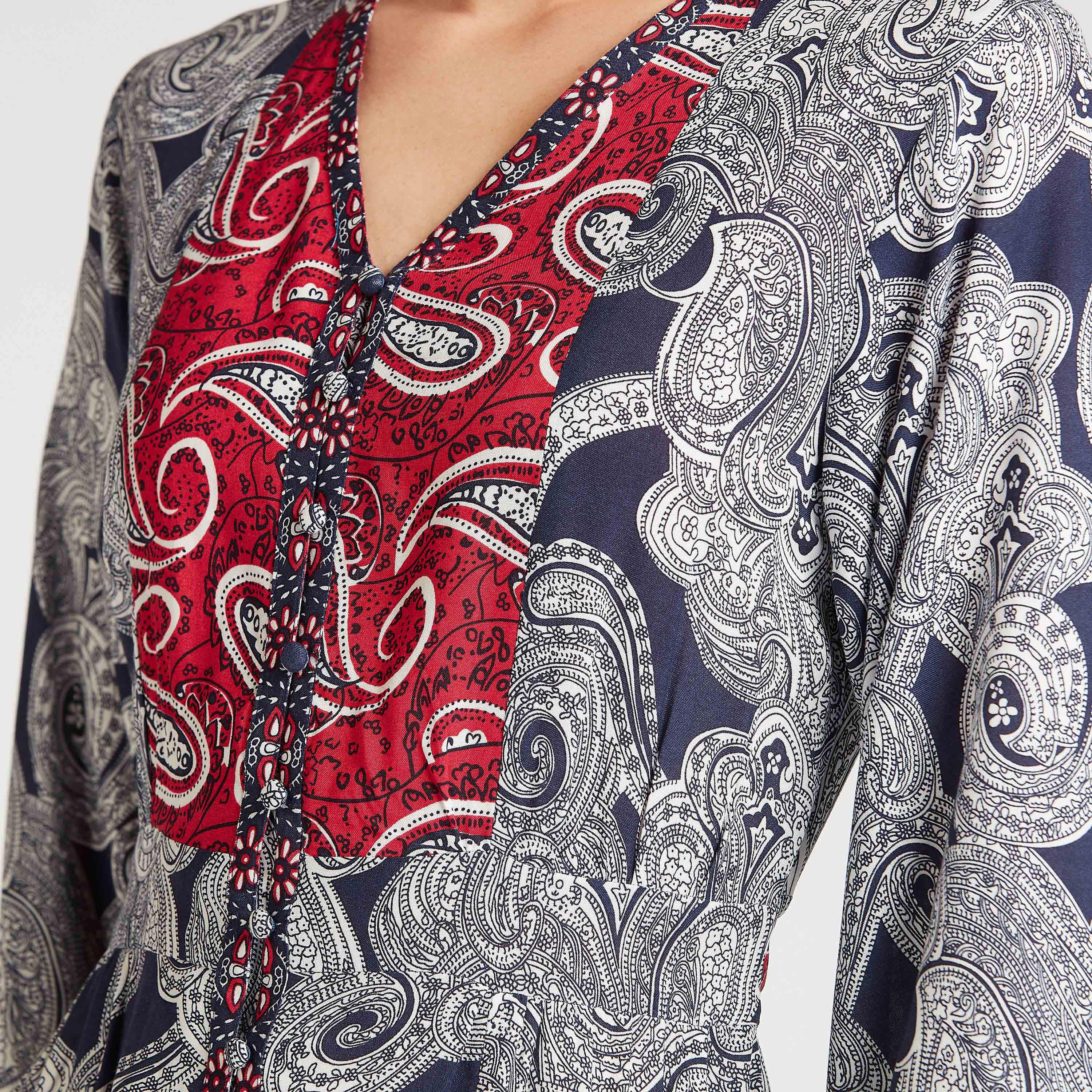 فستان ايه لاين ميدي بياقة V و أكمام واسعة و طبعات بيزلي-women-clothing-dresses-image-5
