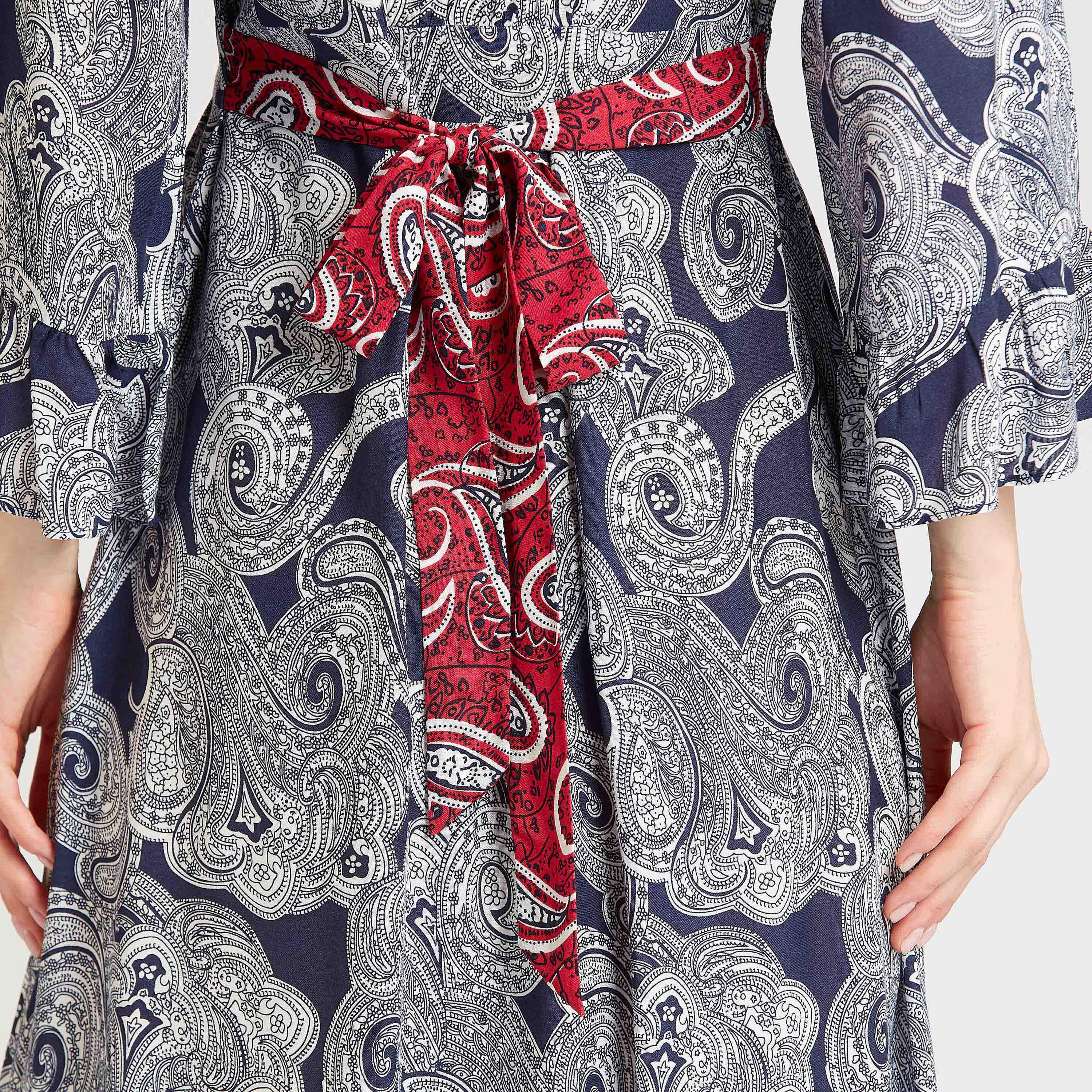 فستان ايه لاين ميدي بياقة V و أكمام واسعة و طبعات بيزلي-women-clothing-dresses-image-6