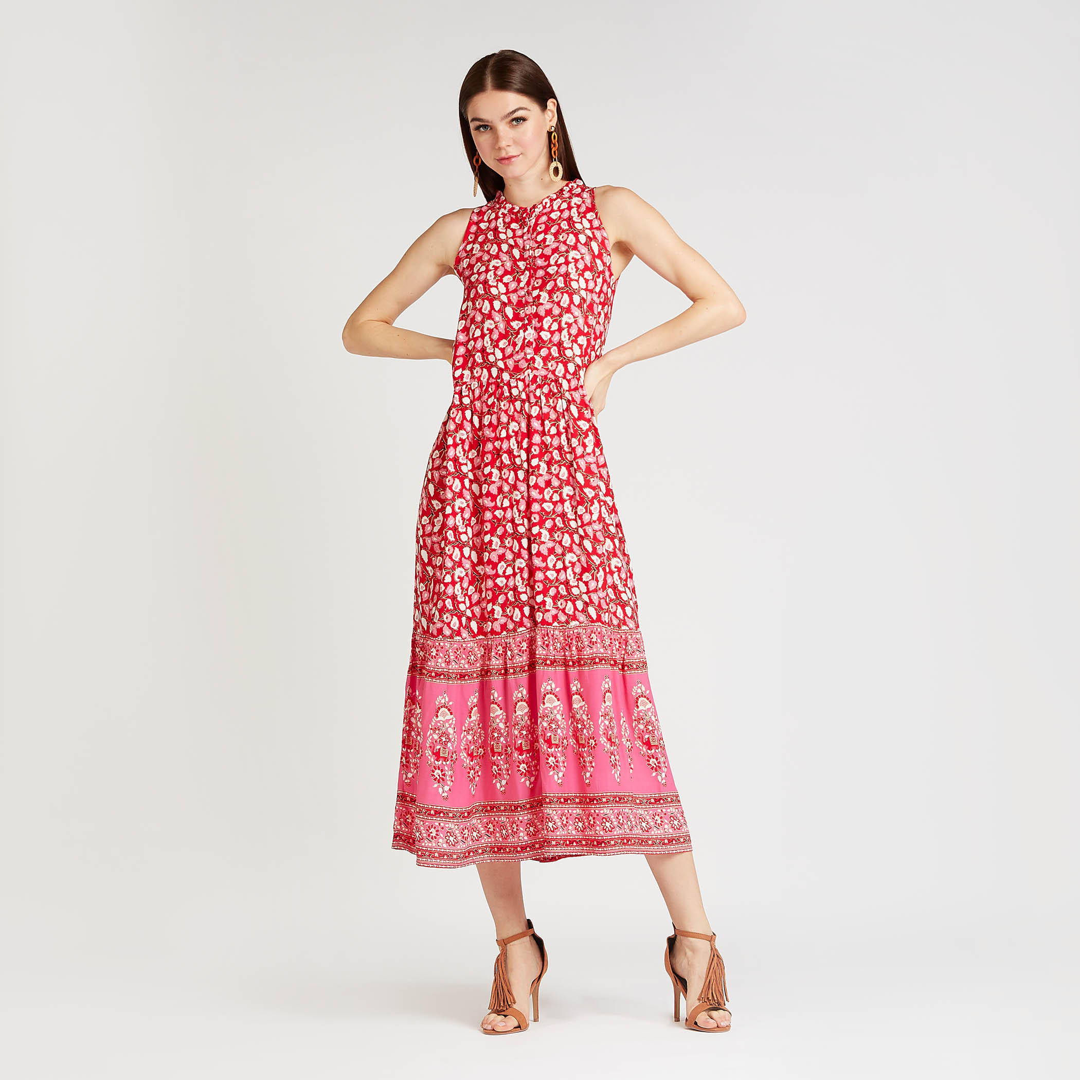 فستان ميدي إيه لاين دون أكمام بطبعات أزهار وتفاصيل كشكشة-women-clothing-dresses-image-1