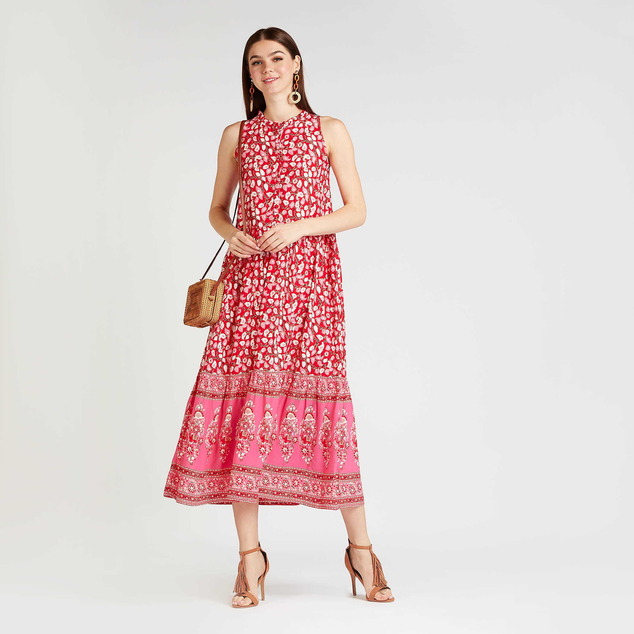 فستان ميدي إيه لاين دون أكمام بطبعات أزهار وتفاصيل كشكشة-women-clothing-dresses-image-2