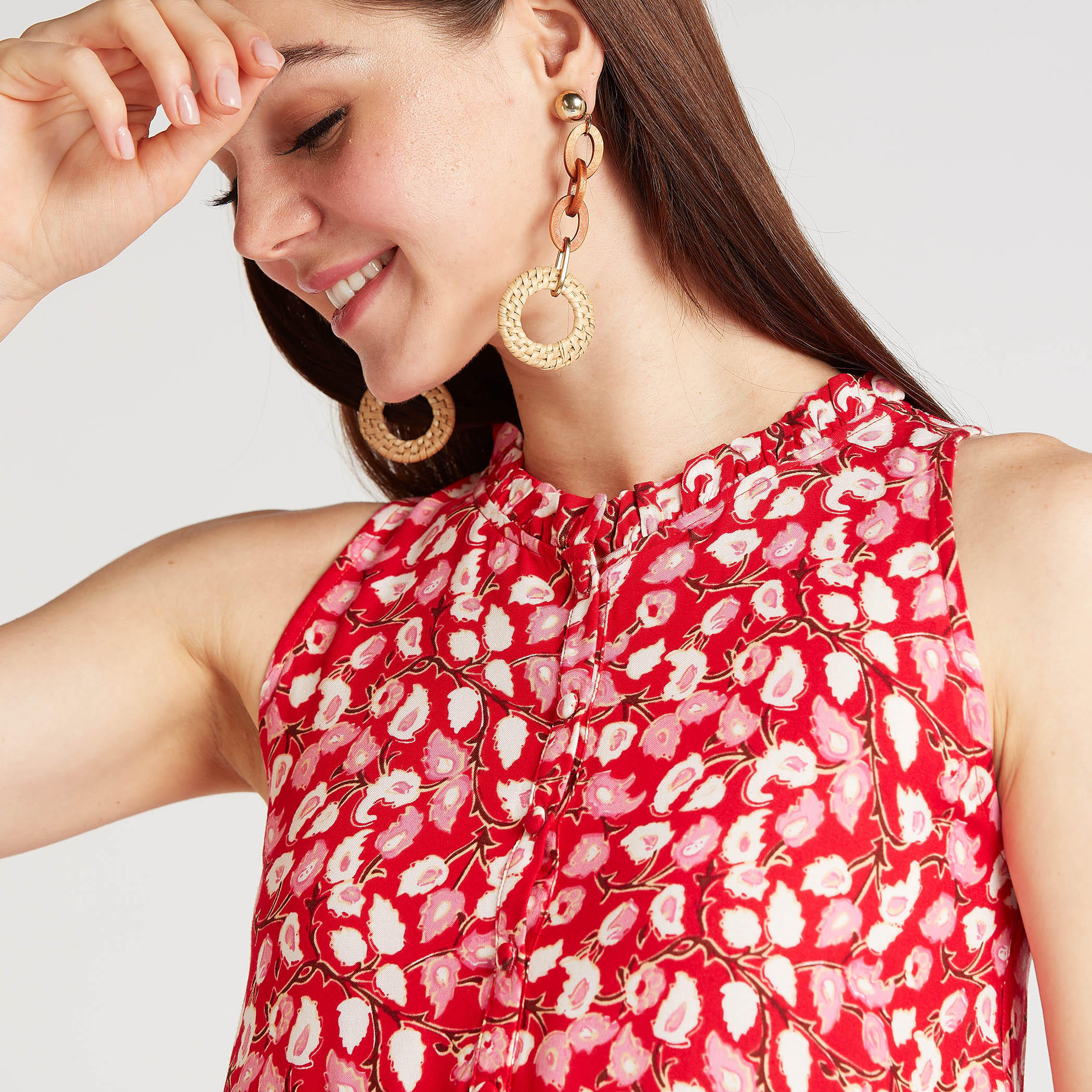 فستان ميدي إيه لاين دون أكمام بطبعات أزهار وتفاصيل كشكشة-women-clothing-dresses-image-3