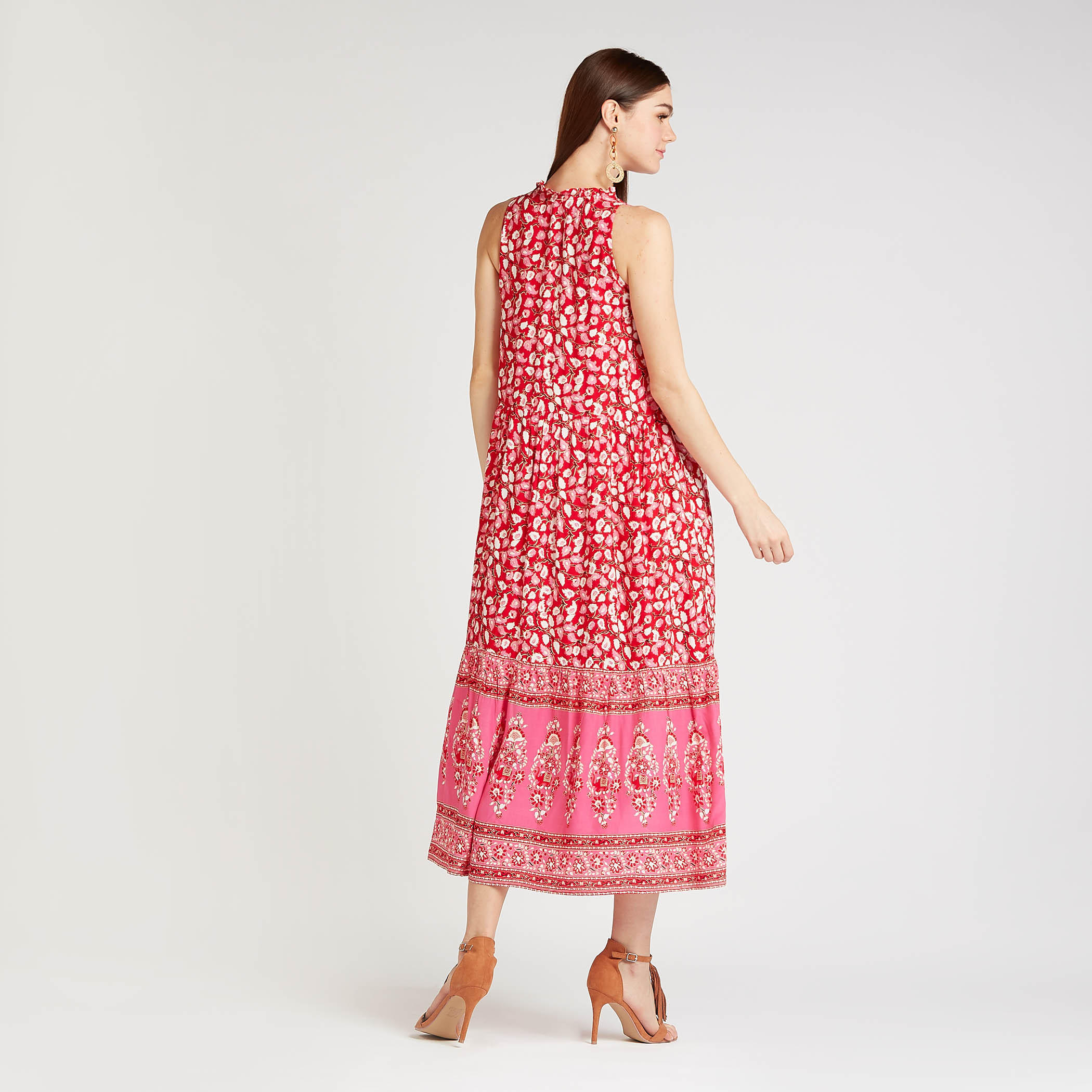 فستان ميدي إيه لاين دون أكمام بطبعات أزهار وتفاصيل كشكشة-women-clothing-dresses-image-4